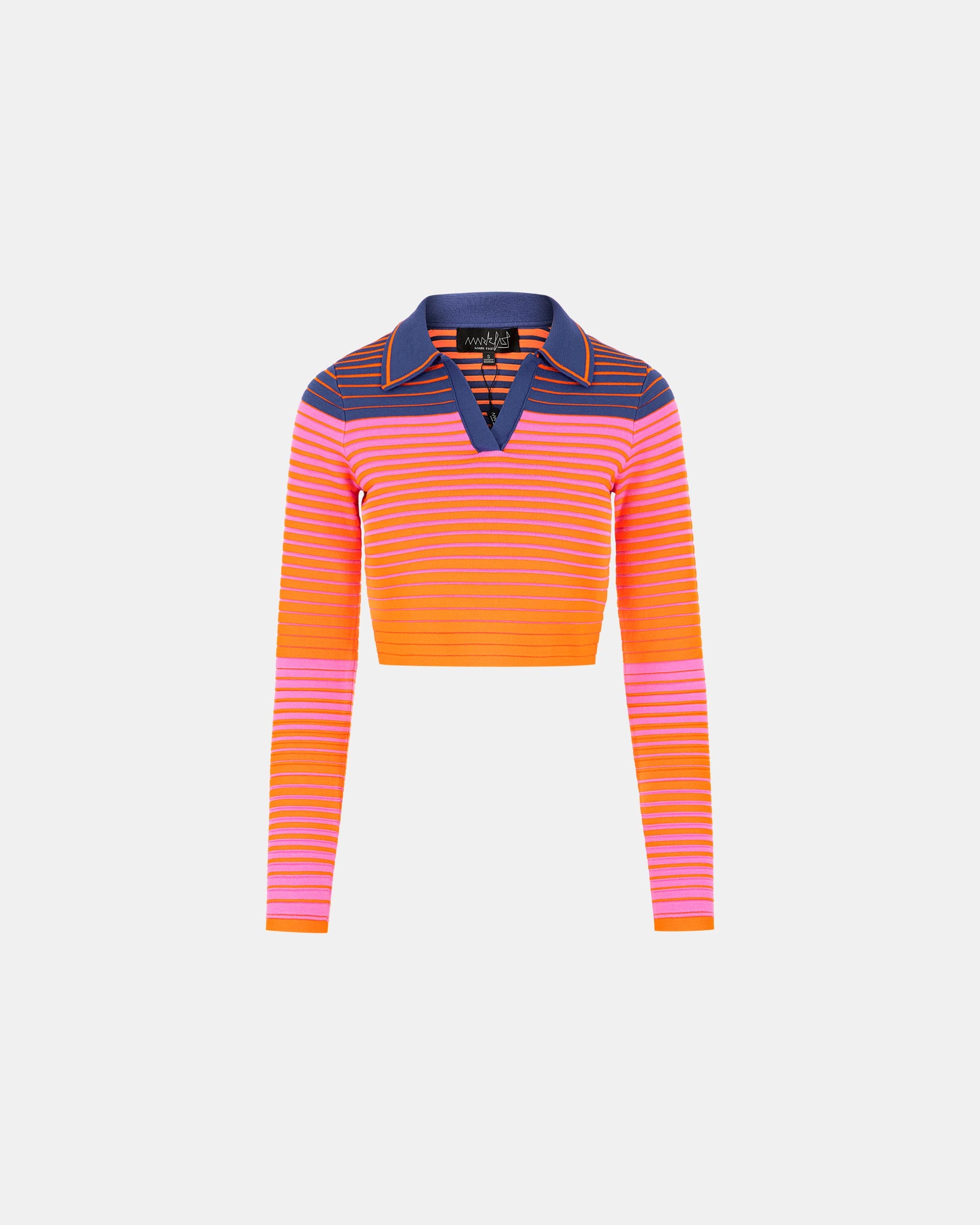 Women's Gradient Striped V-Neck Polo Collar Cropped Sweater