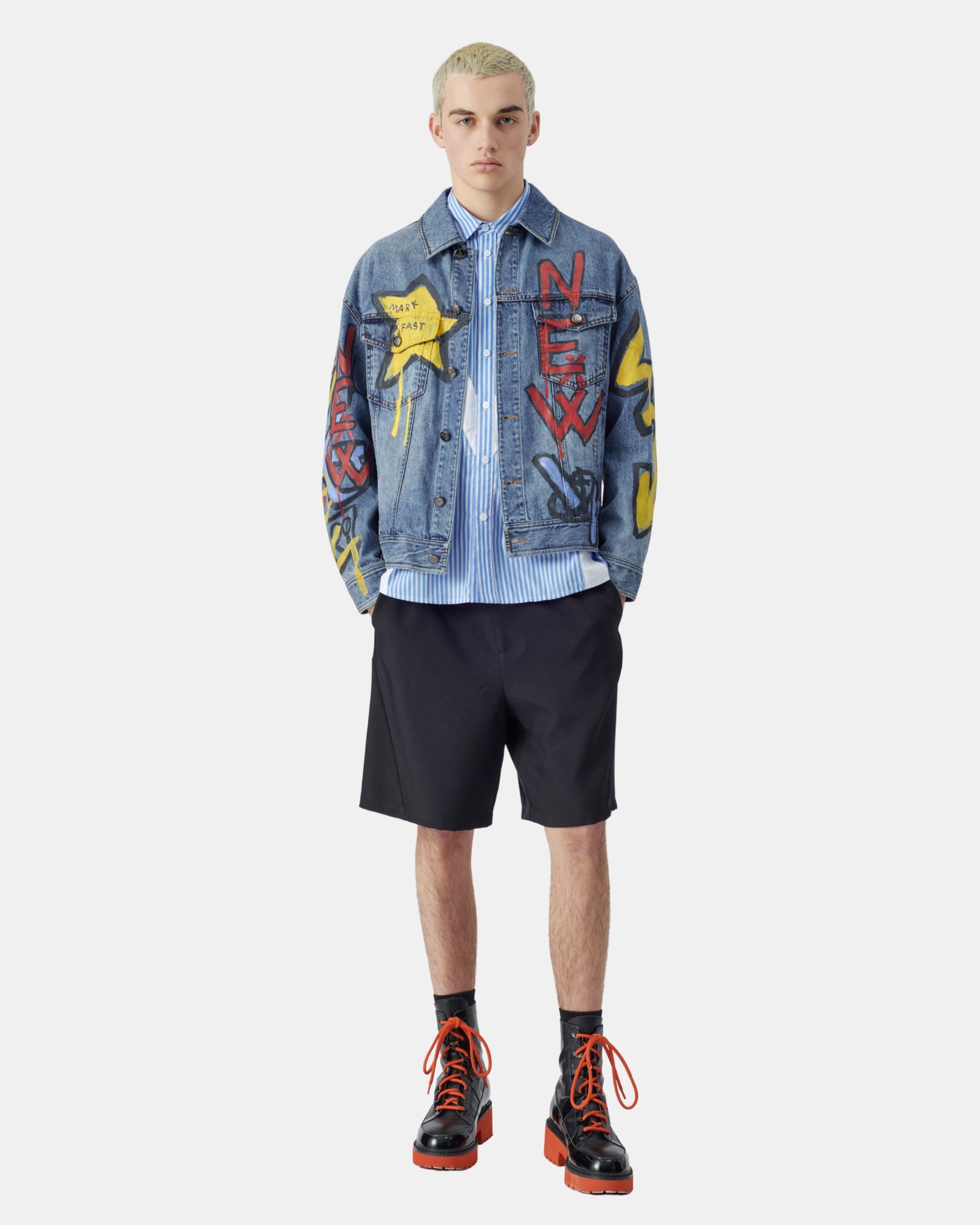 Unisex Metallic Star Graffiti Bleached Denim Jacket