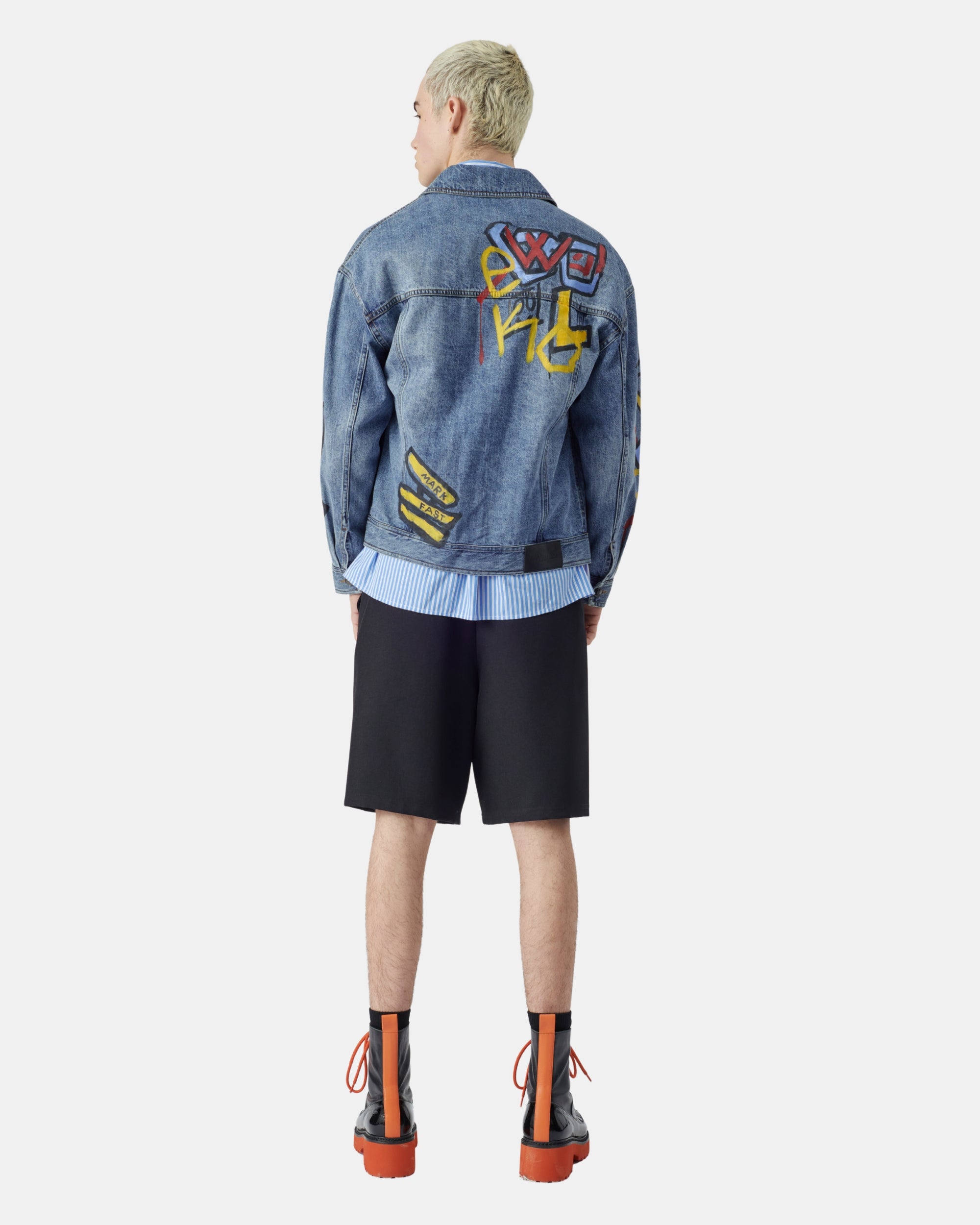 Unisex Metallic Star Graffiti Bleached Denim Jacket