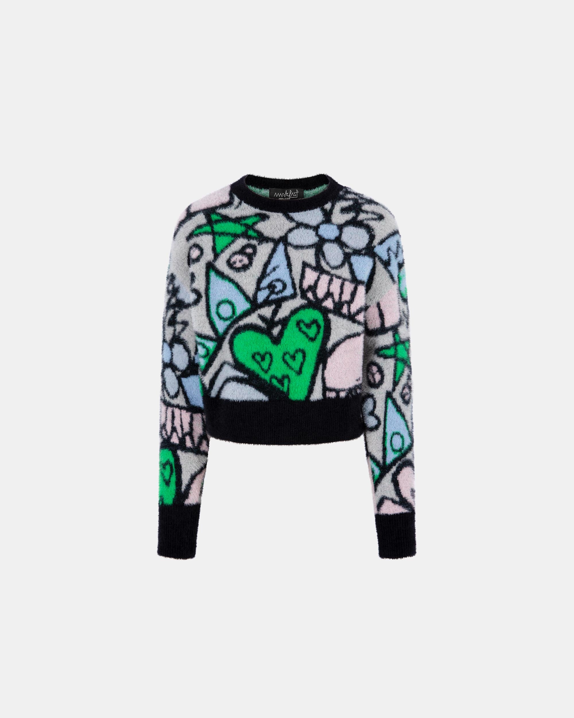 Women's Multicolor Abstract Graphic Brushed Cropped Jacquard Sweater