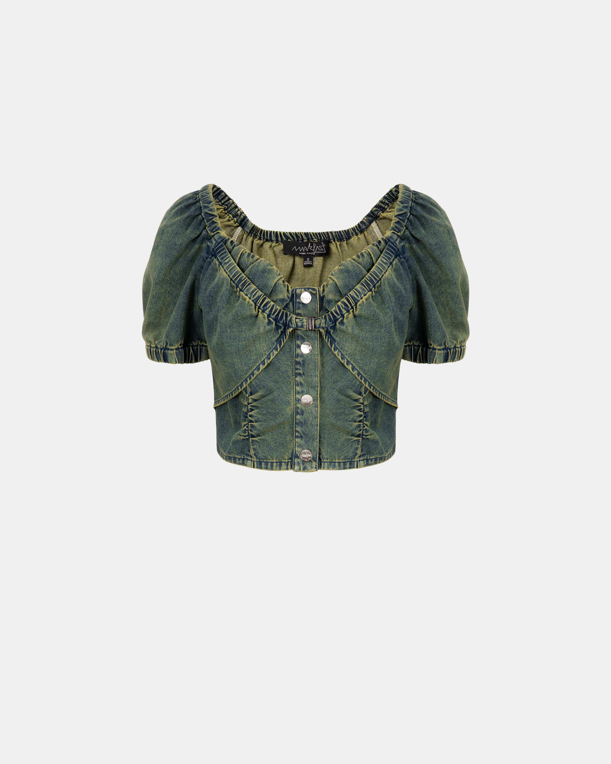 Women's Puff Sleeve Acid Wash Cropped Denim Top