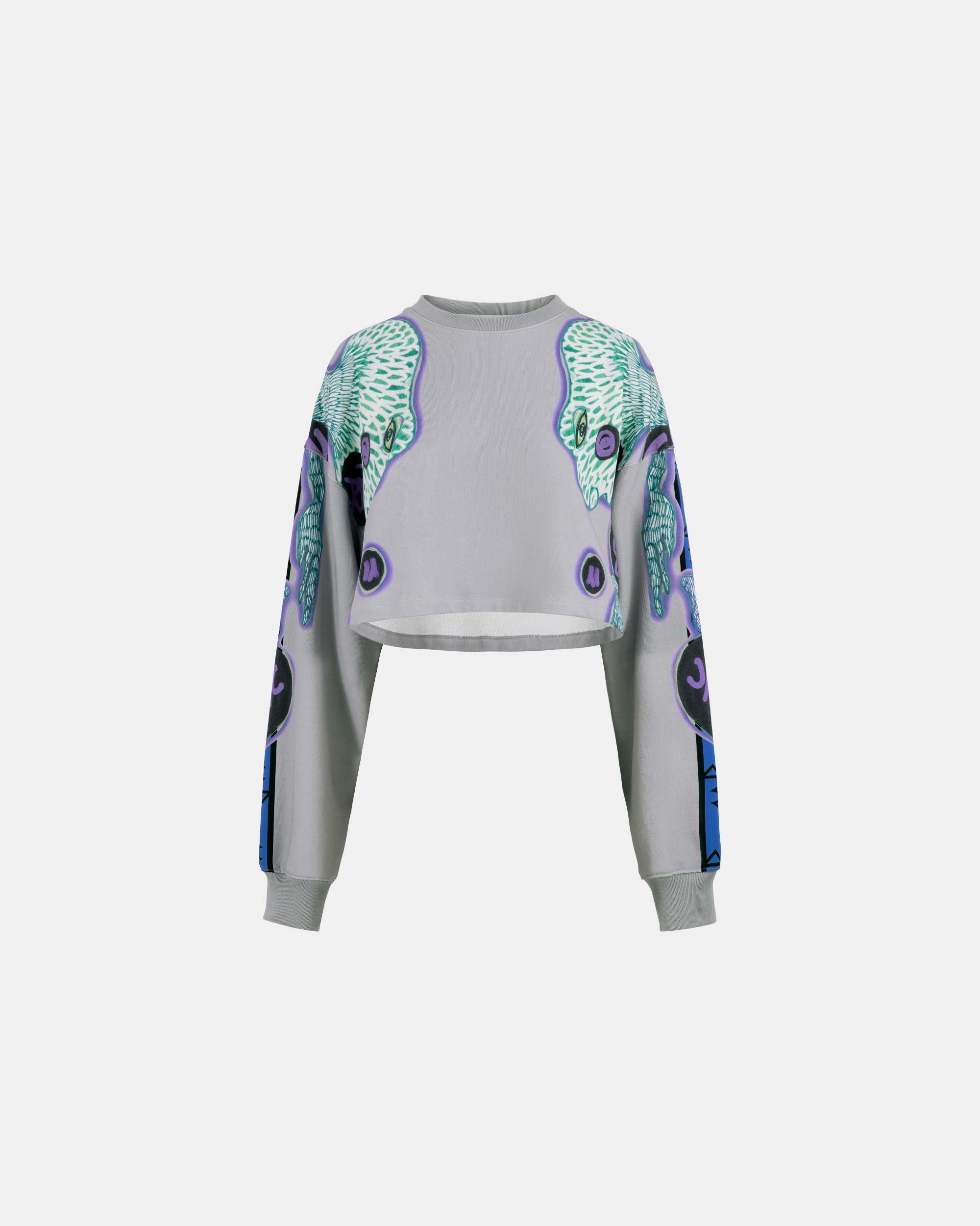 Women's Grey Contrast Print Crop Hoodie Sweatshirt