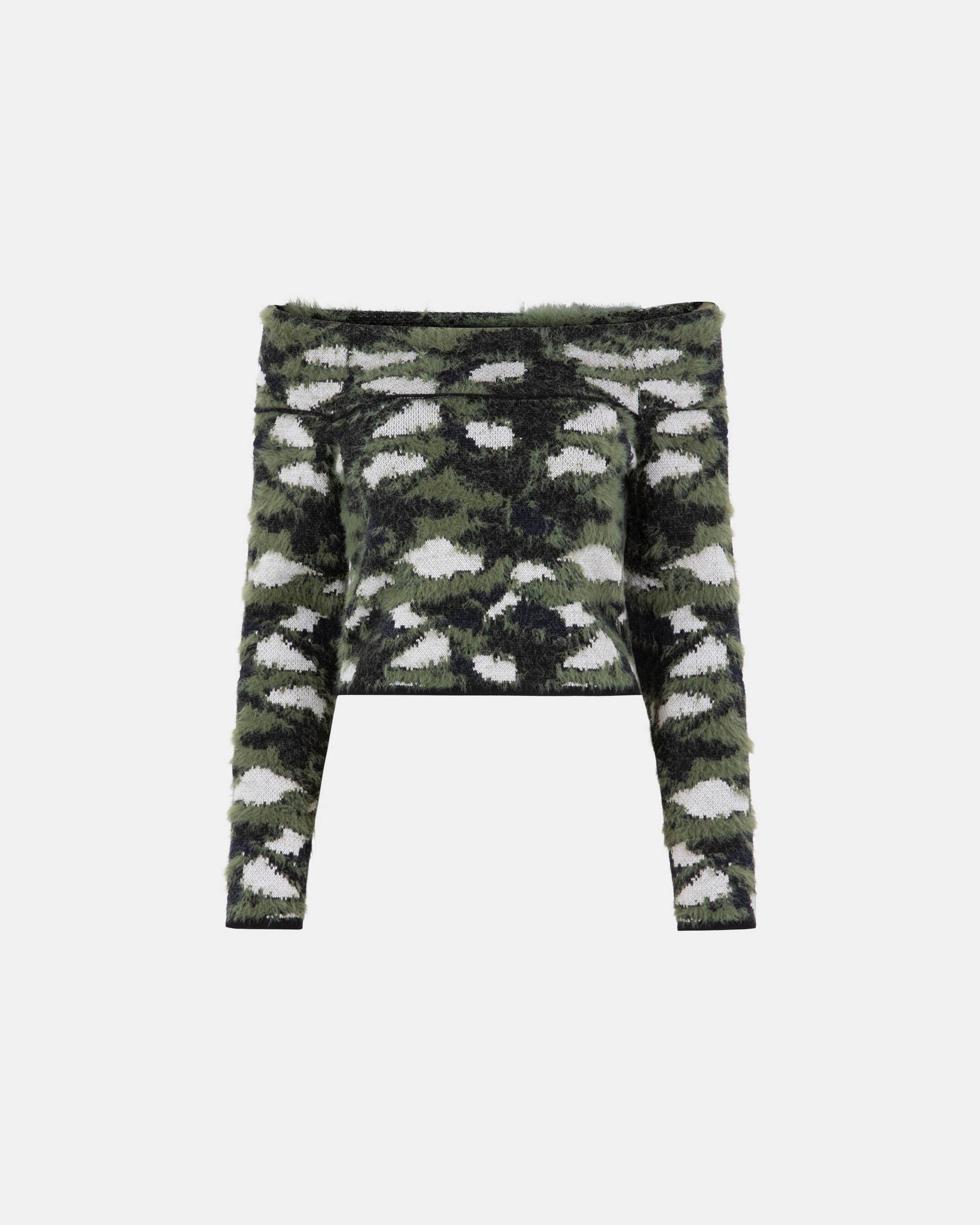 Women's Camo Jacquard Fuzzy Off-the-Shoulder Sweater