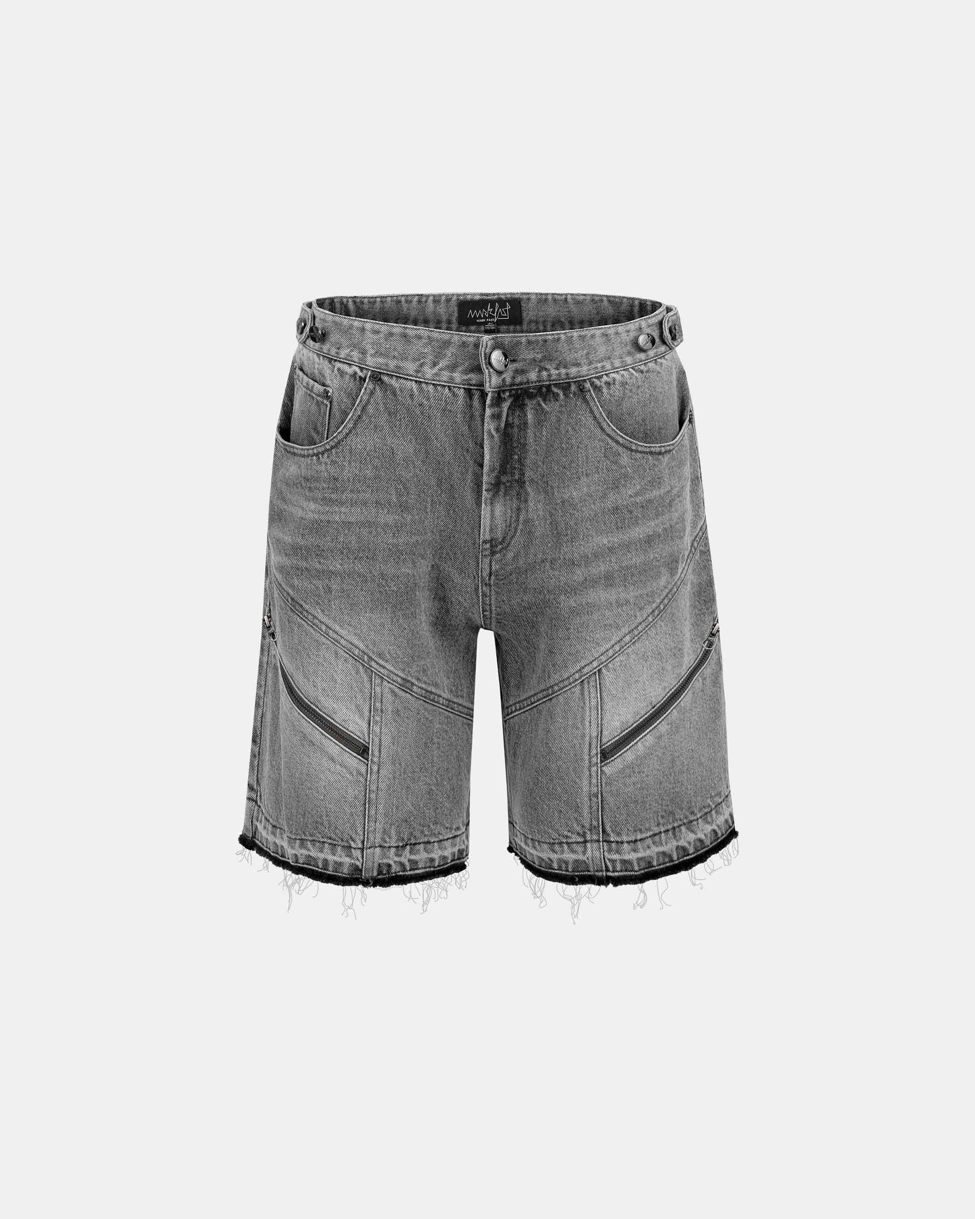Men's Distressed Charcoal Paneled Knee Length Denim Runway Shorts