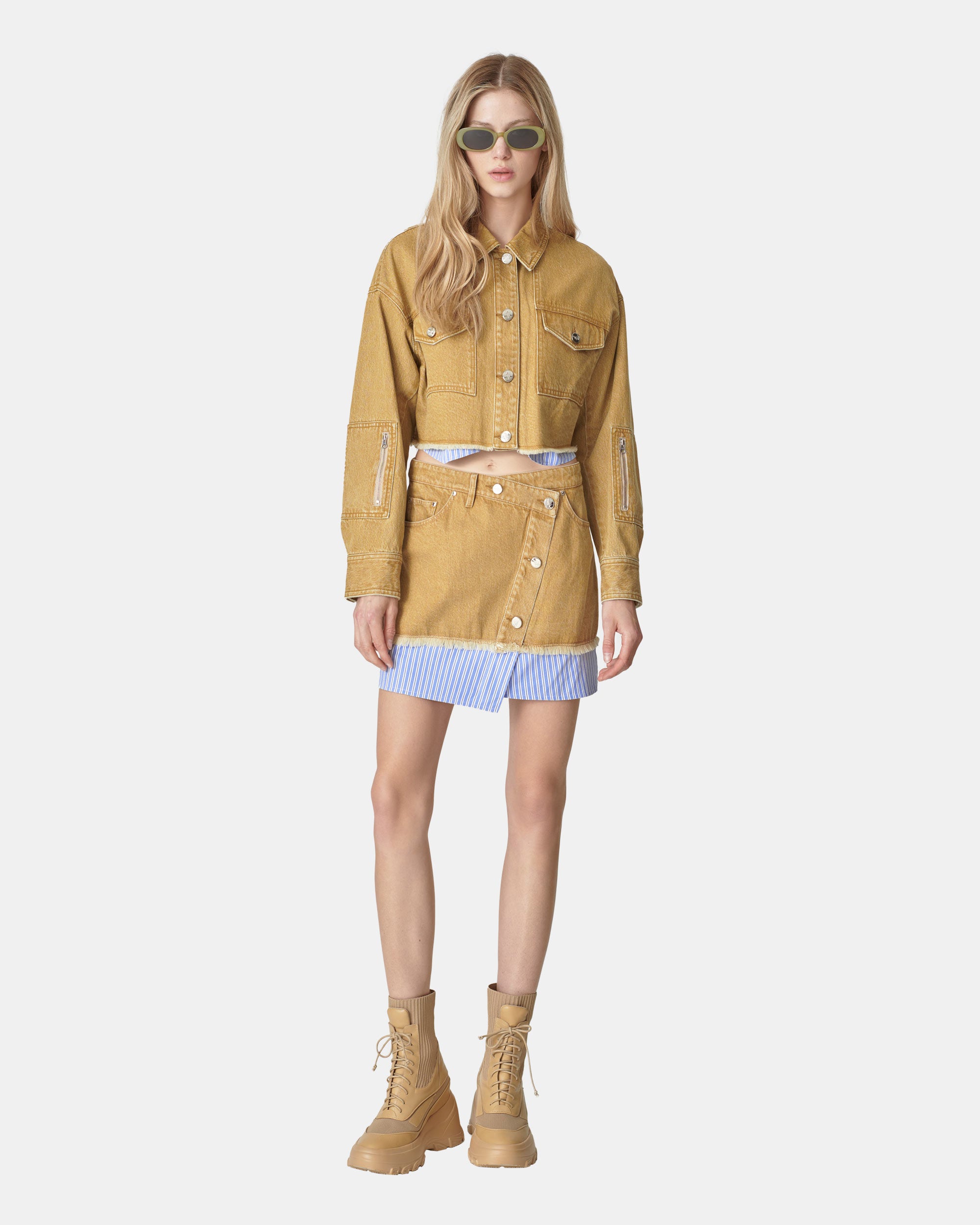 Women's Faux Two Piece Contrast Hem Denim Jacket