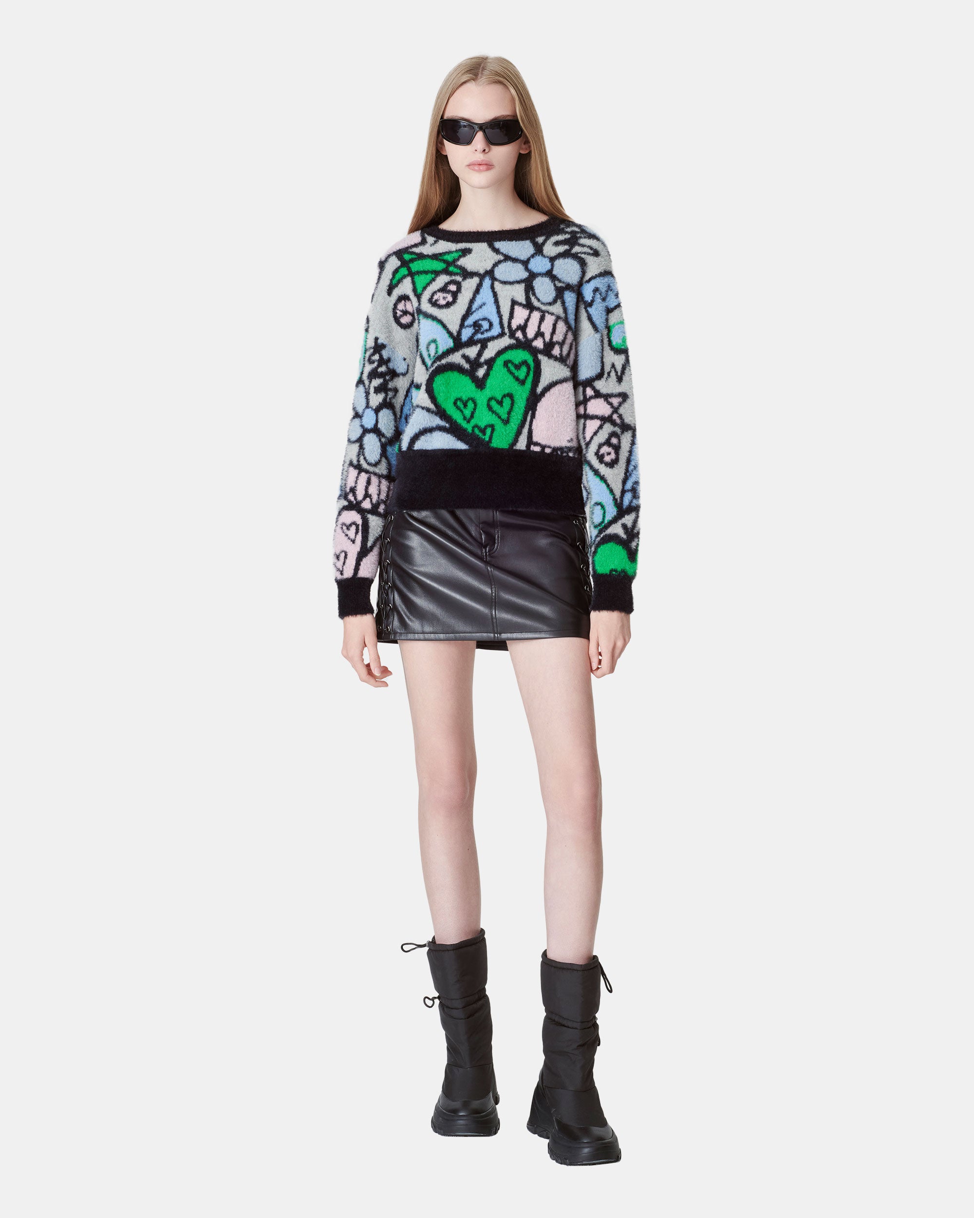 Women's Multicolor Abstract Graphic Brushed Cropped Jacquard Sweater