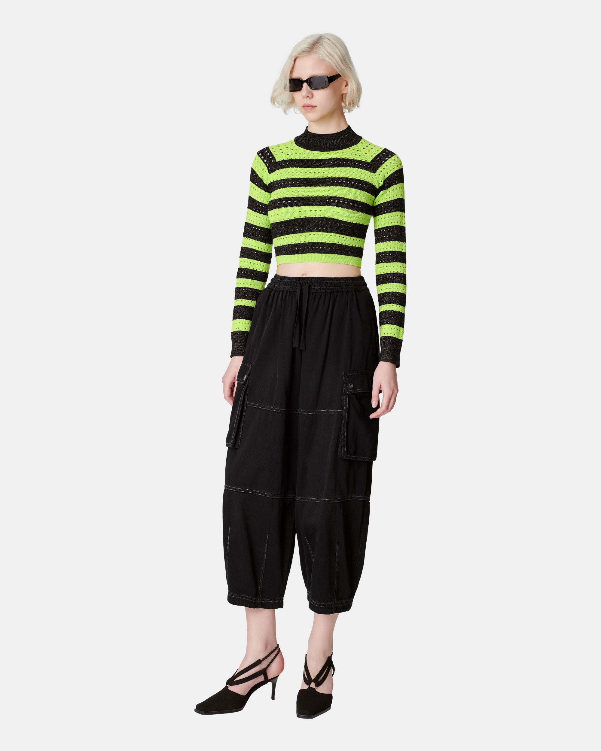 Women's Fluorescent Green Contrast Striped Sweater