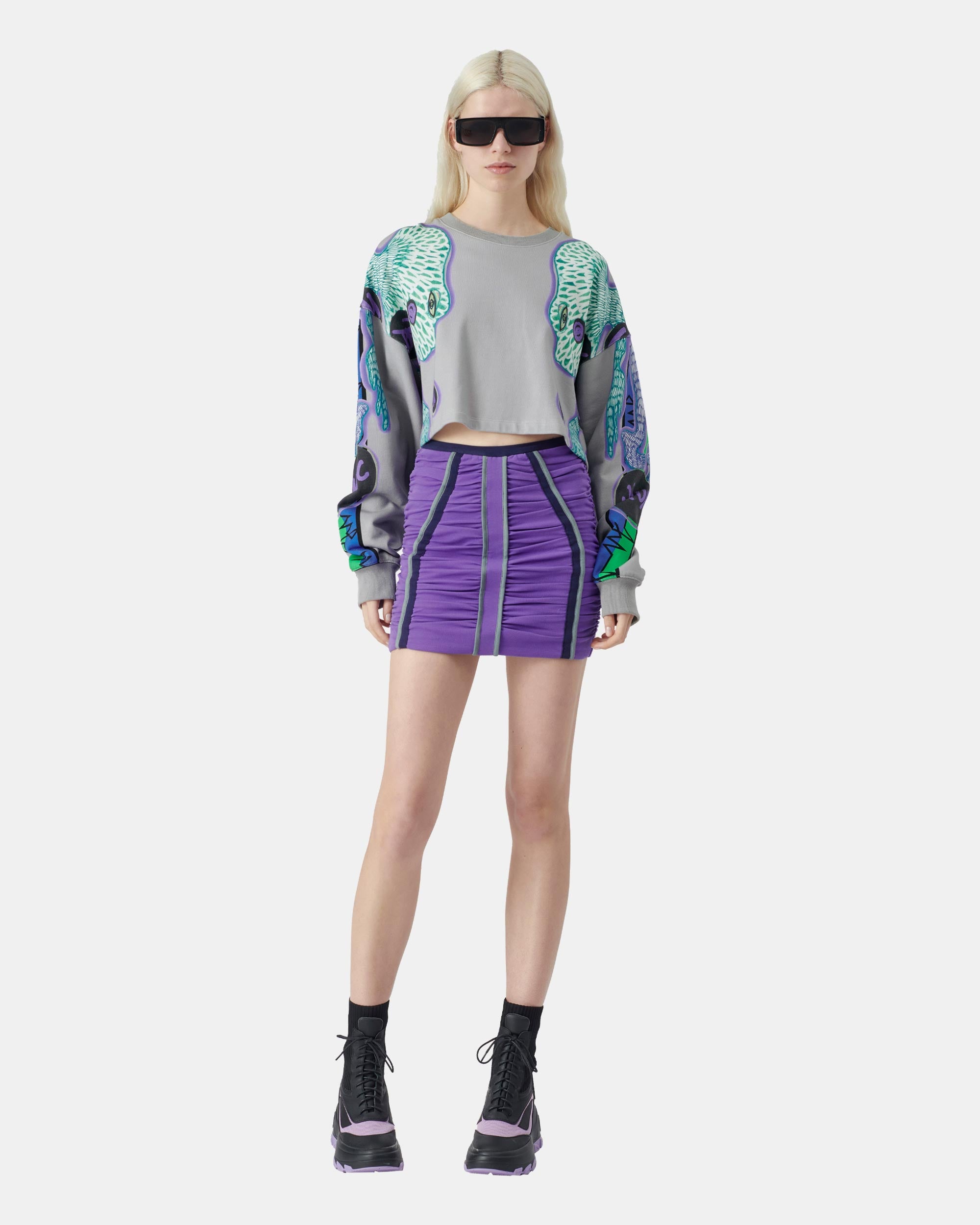 Women's Grey Contrast Print Crop Hoodie Sweatshirt