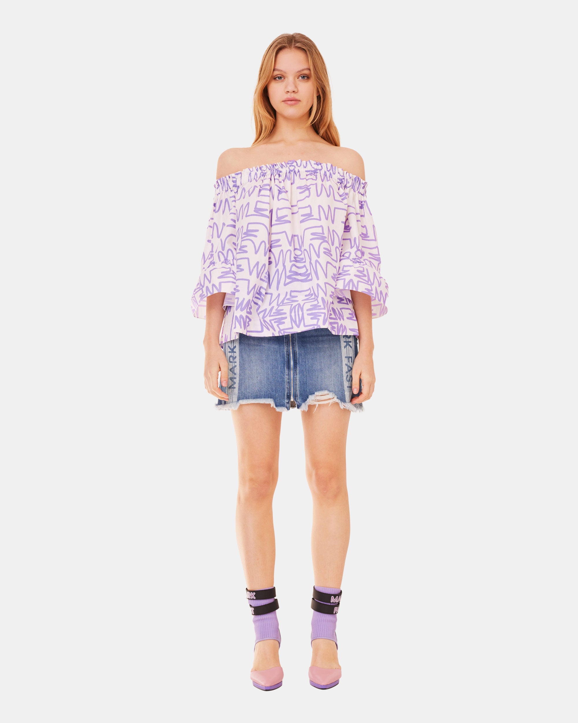 Women's Graffiti Pattern Off-Shoulder Wide Sleeve Blouse