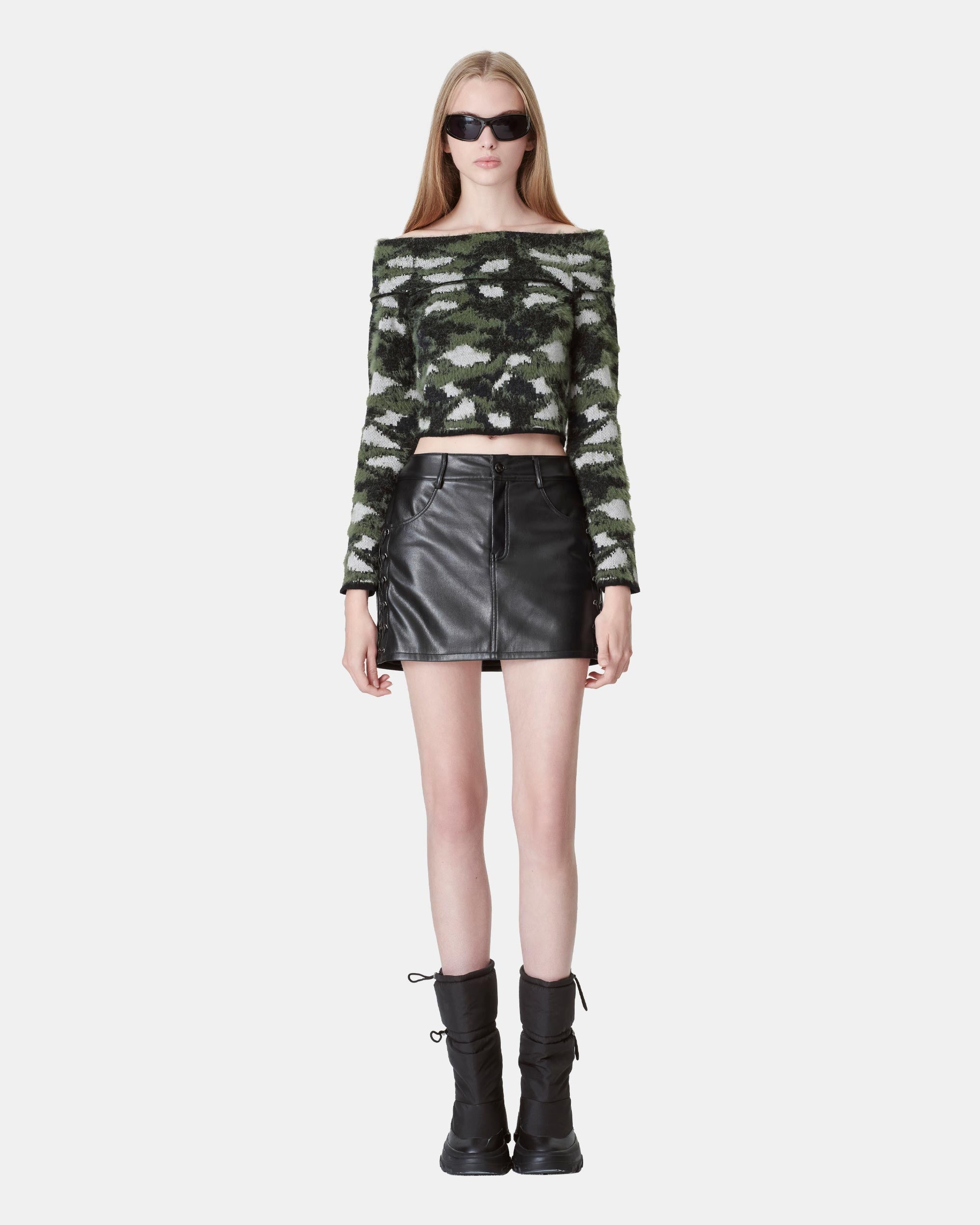 Women's Camo Jacquard Fuzzy Off-the-Shoulder Sweater