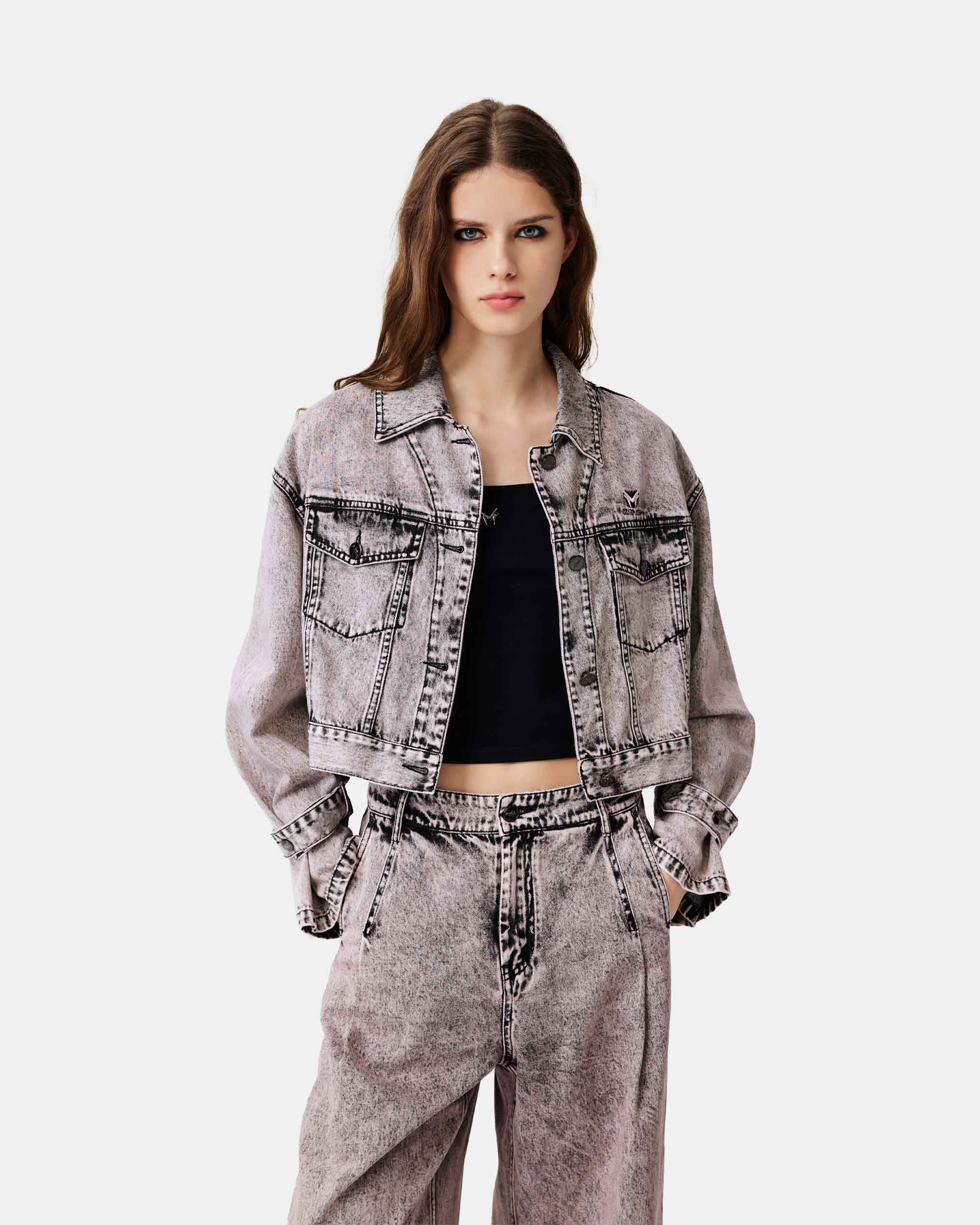 Women's Buckled Cuff Distressed Denim Trucker Jacket
