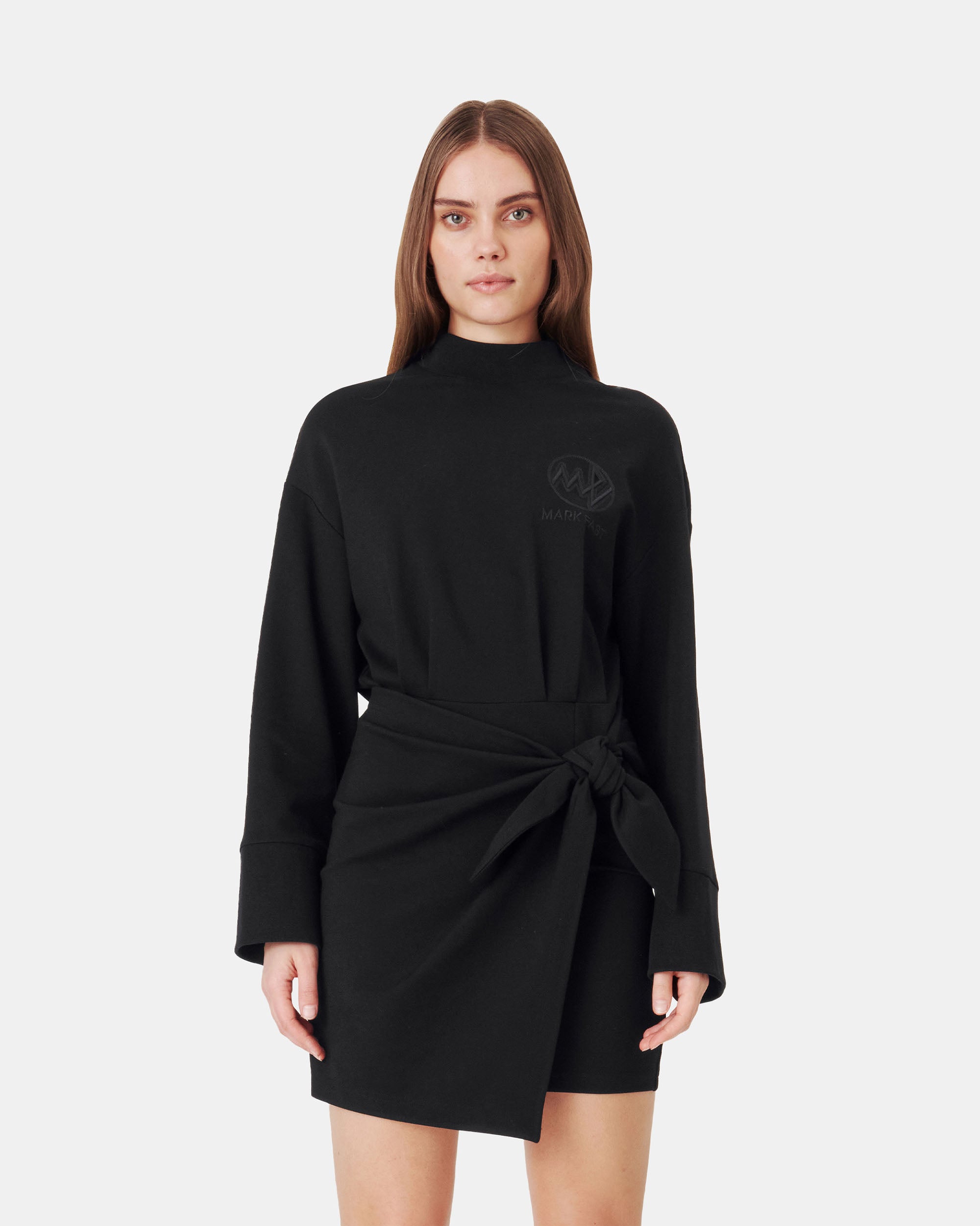 Women's Mock Neck Self-Tie Wrap Sweatshirt Mini Dress