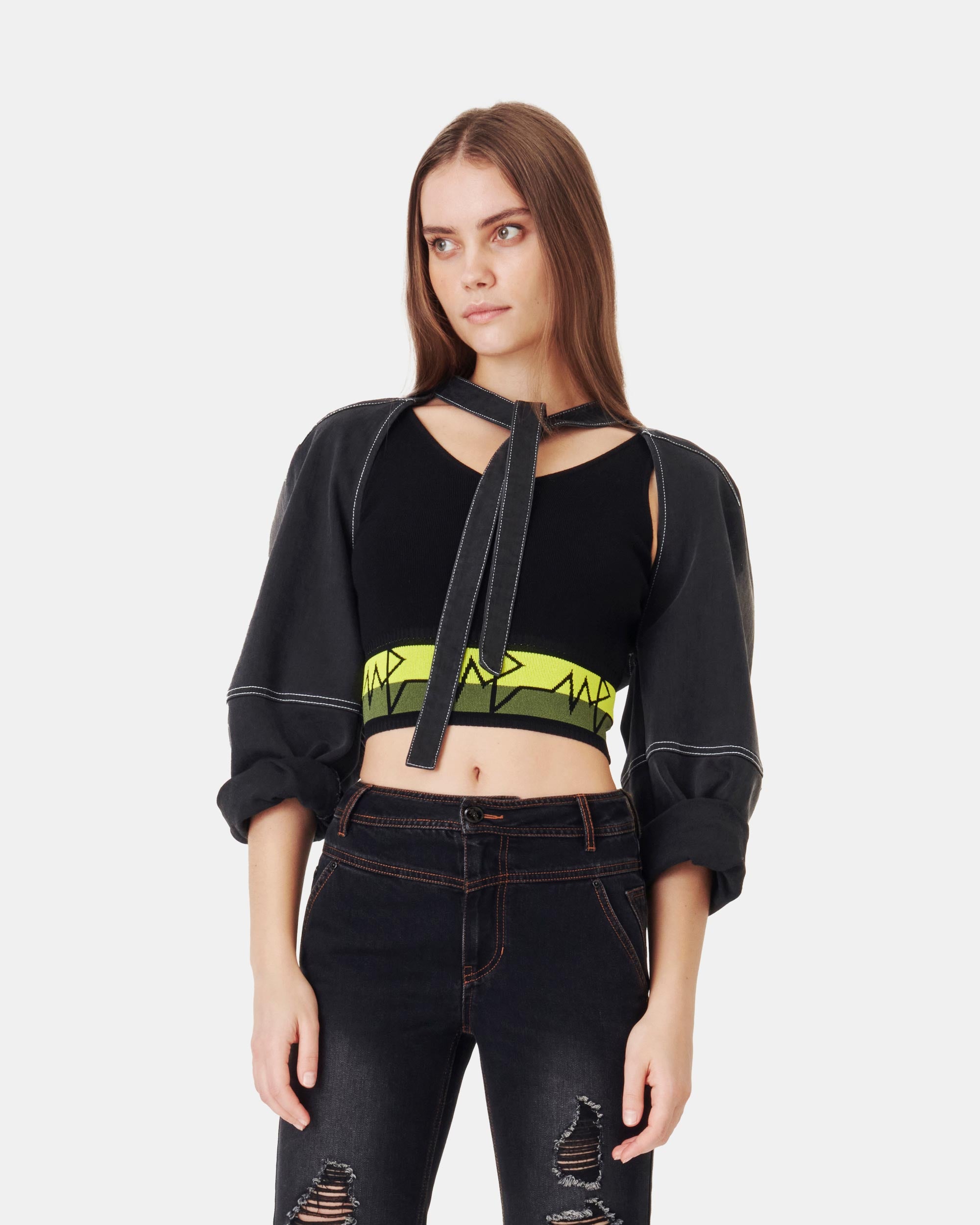 Women's Black Washed Tie-Up Denim Crop Bolero Jacket