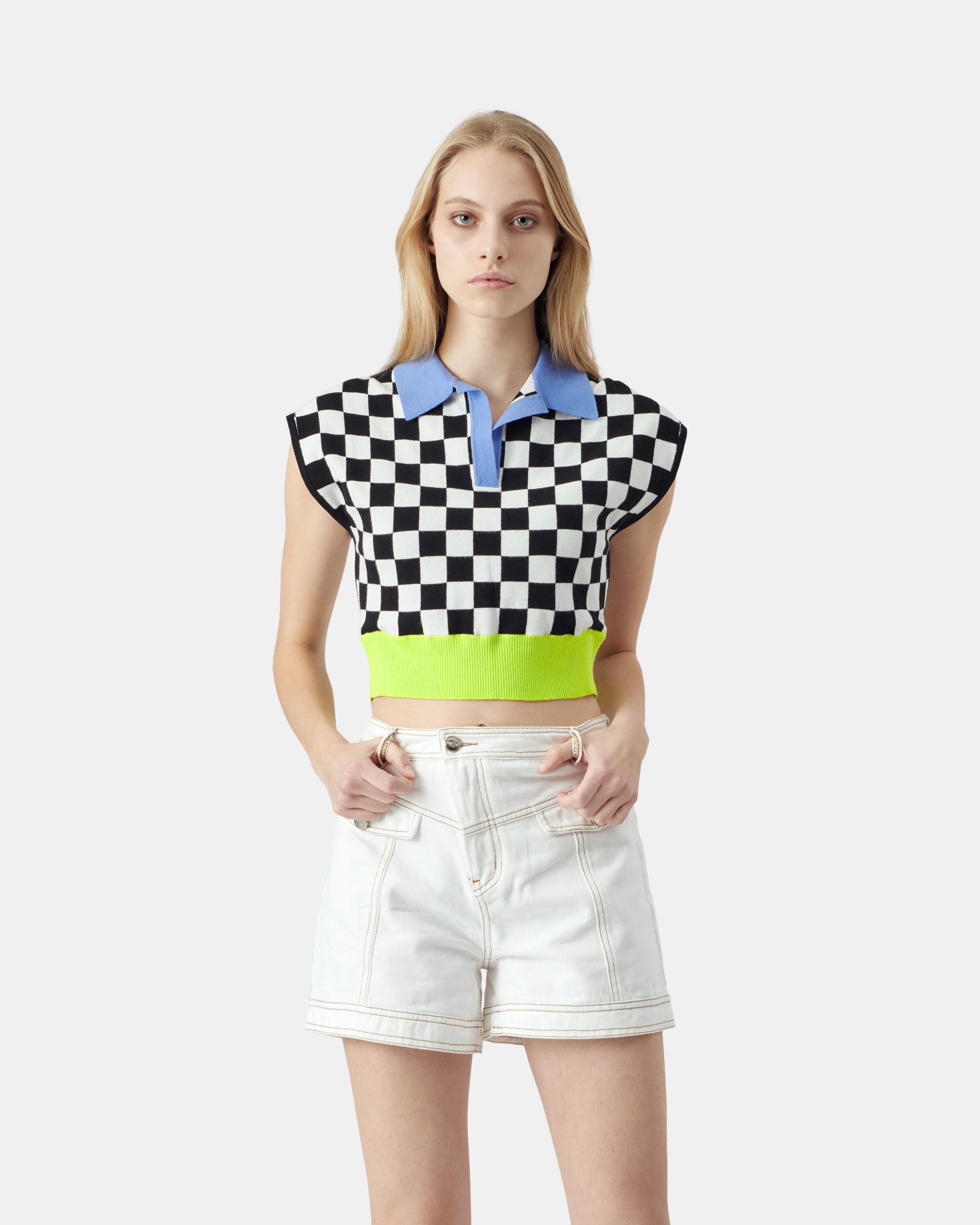 Women's Checkered Shoulder Pad Knit Sweater