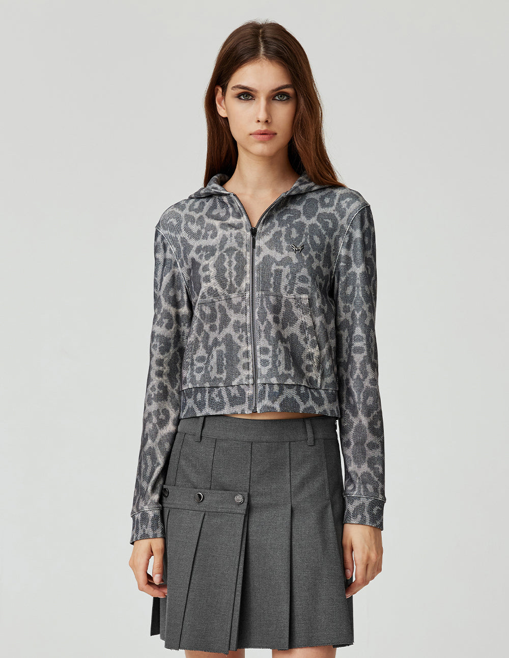 Women's Vintage Grey Leopard Print Hooded Zip-Up Jacket