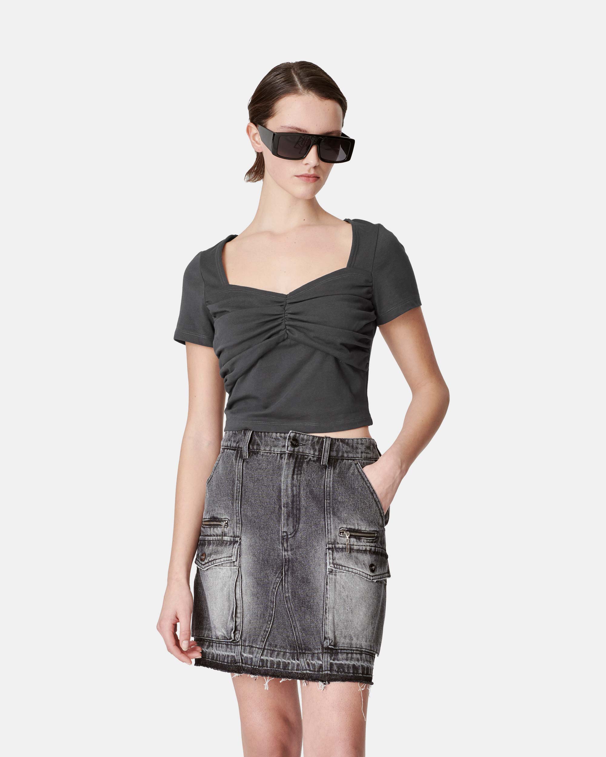 Women's Cotton Sweetheart Neck Ruched Front Cropped T-Shirt