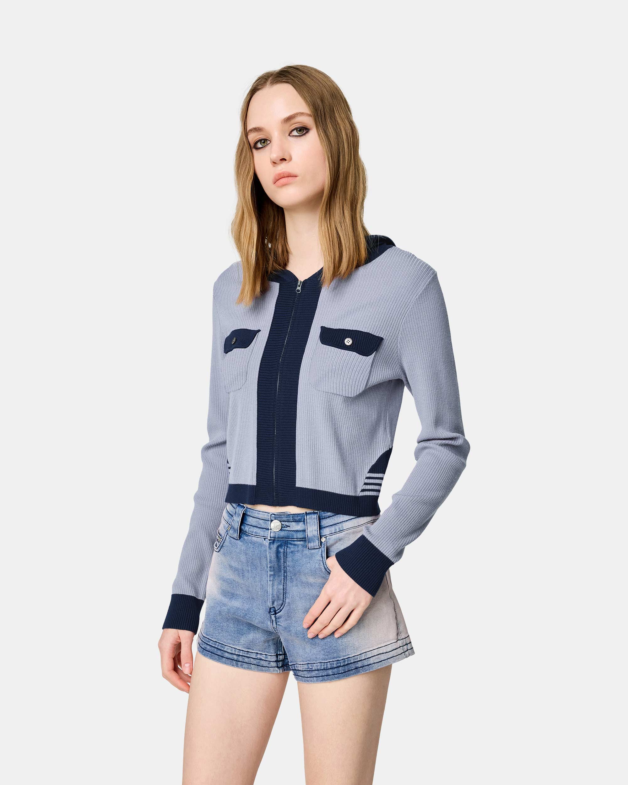 Women's Gray Purple Knitted Hooded Cardigan