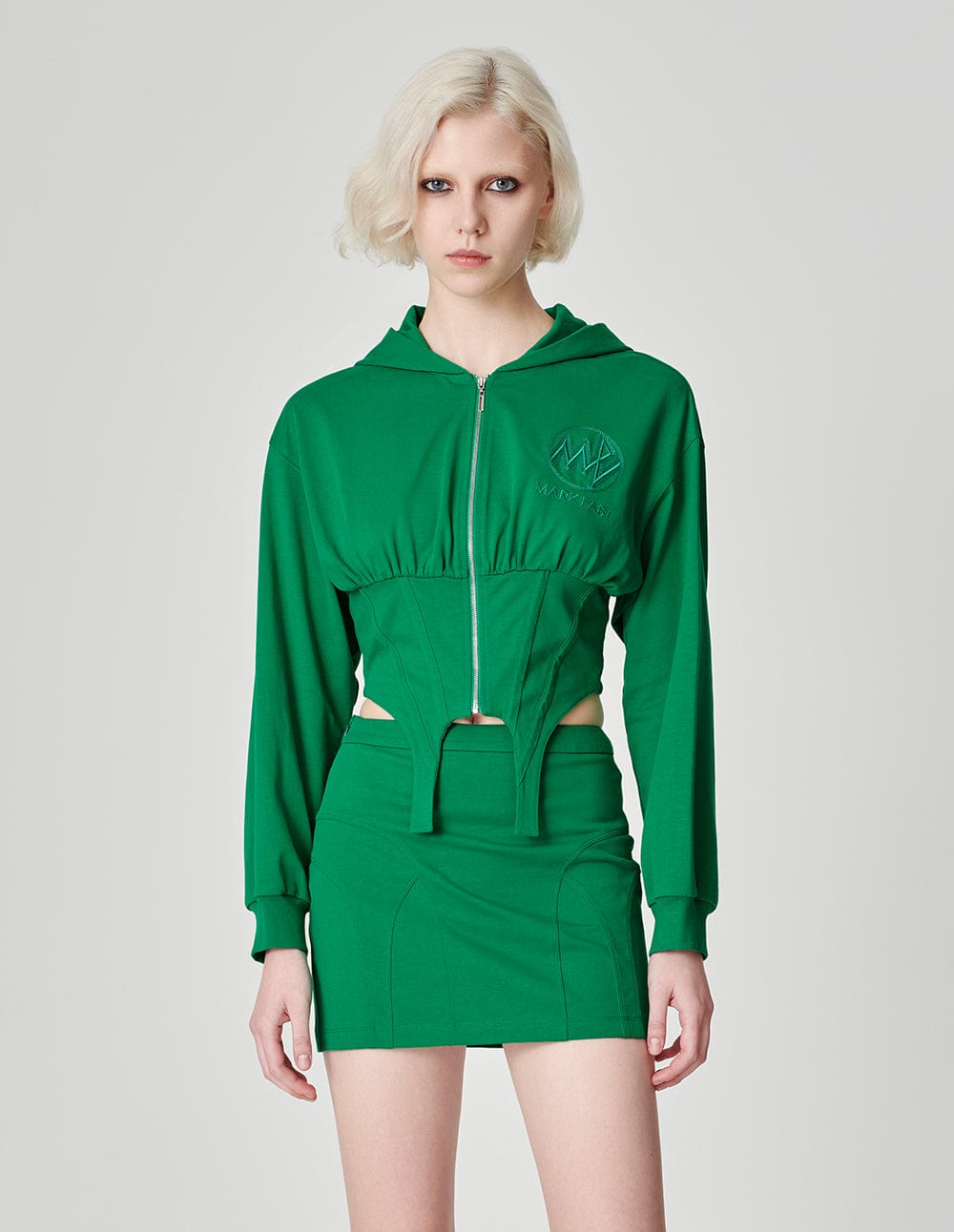 Women's Green Slim Fit Embroidered Hooded Sweatshirt