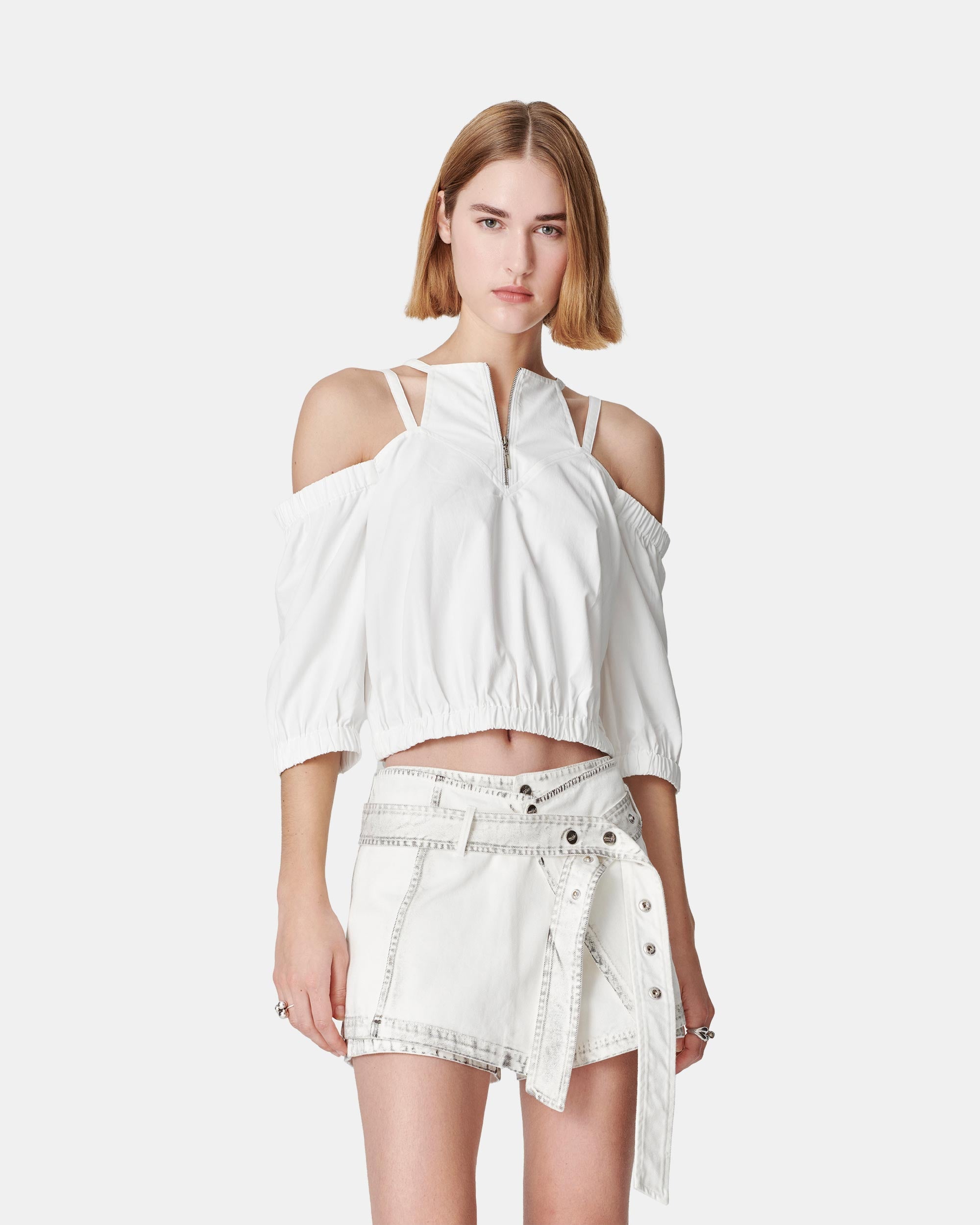 Women's Front Zip Off-The-Shoulder Mid-Sleeve Top