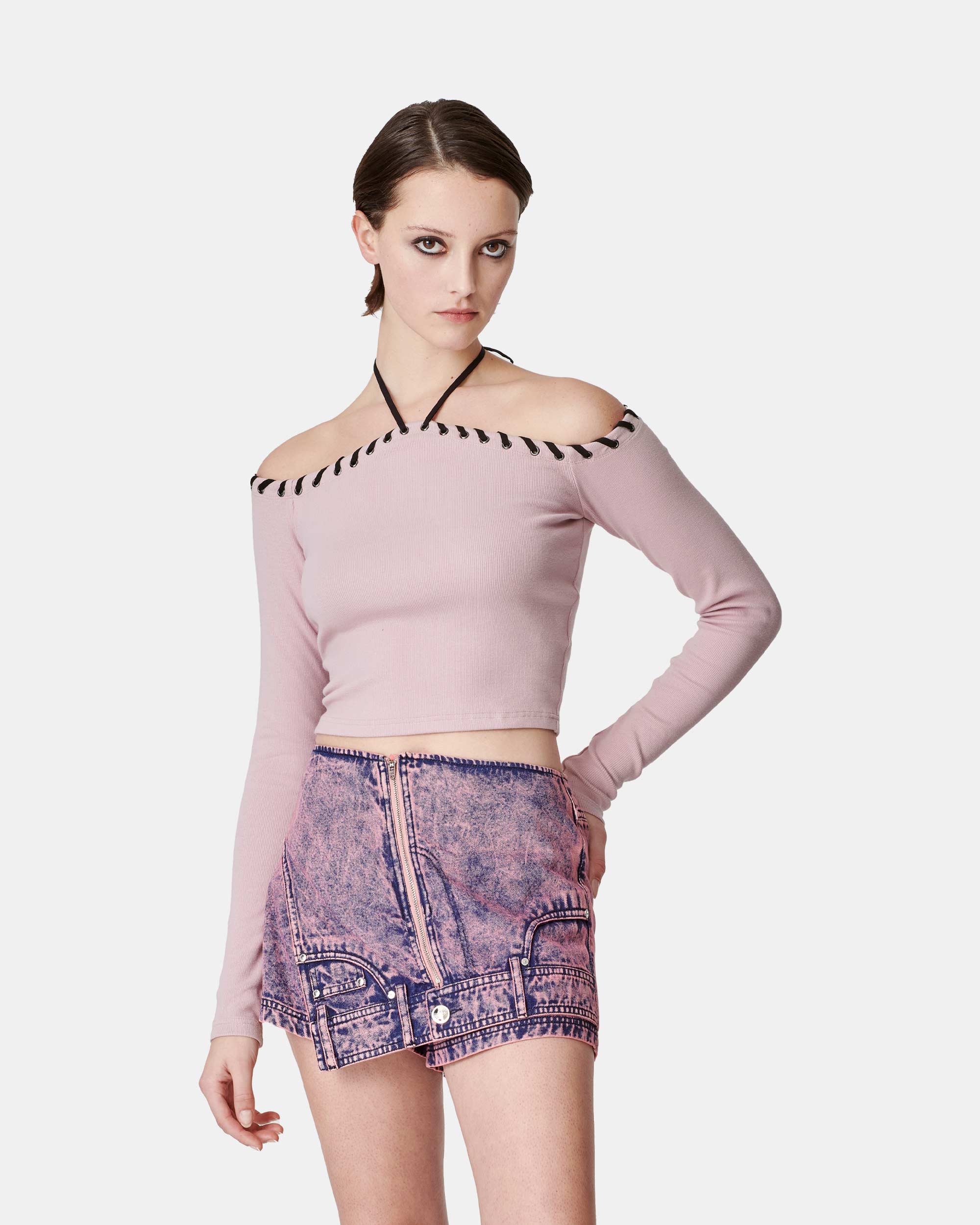 Women's Contrast Lace Up Halter Off-Shoulder Top