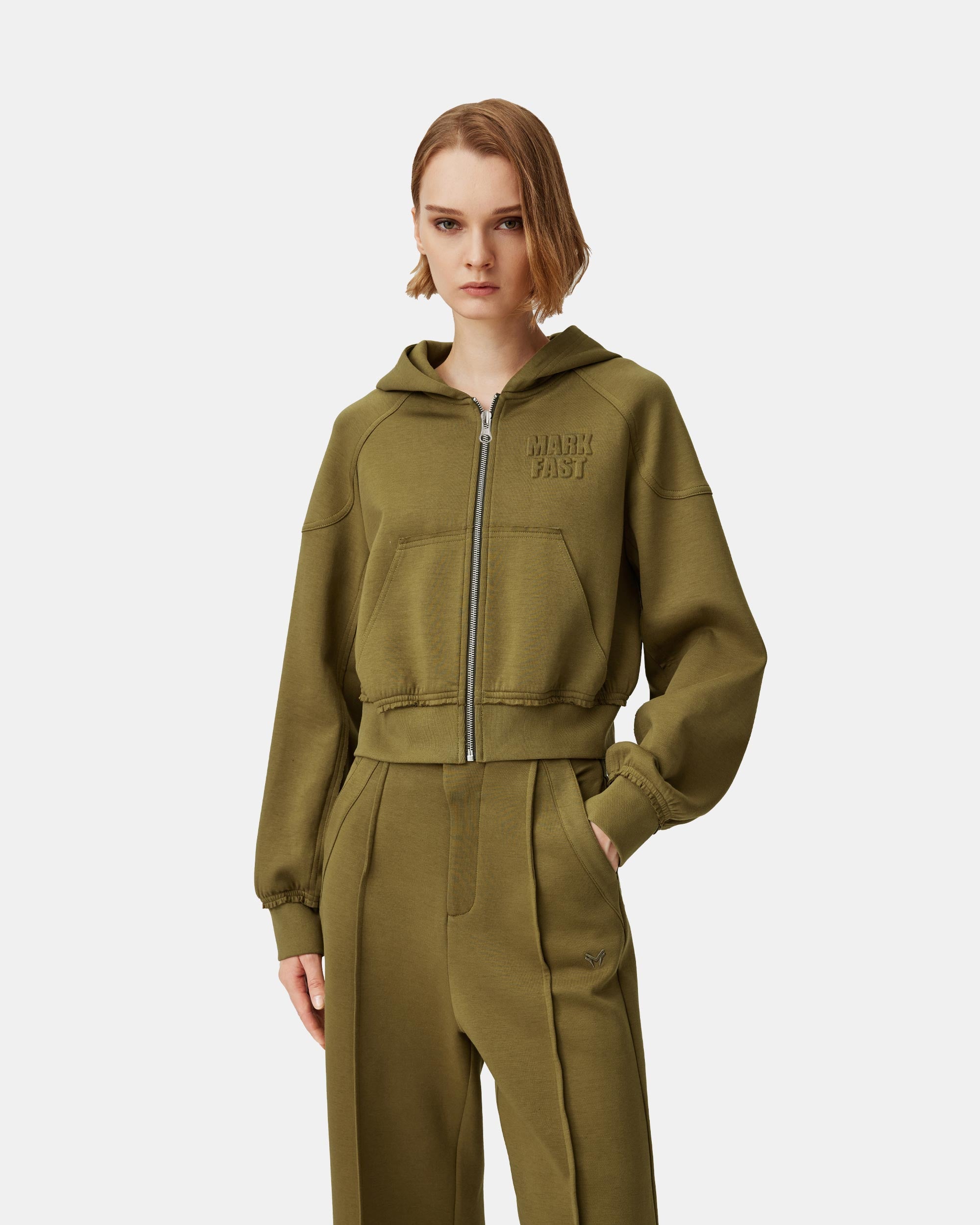 Women's Pleated Ruffled Olive Brown Threaded Sweatshirt