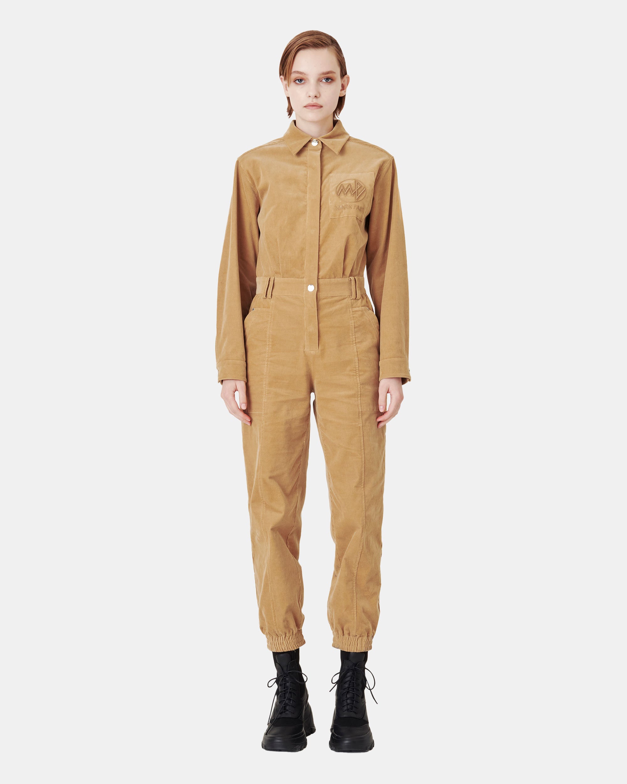 Women's Corduroy Collared Button-Up Elastic Waist Jumpsuit
