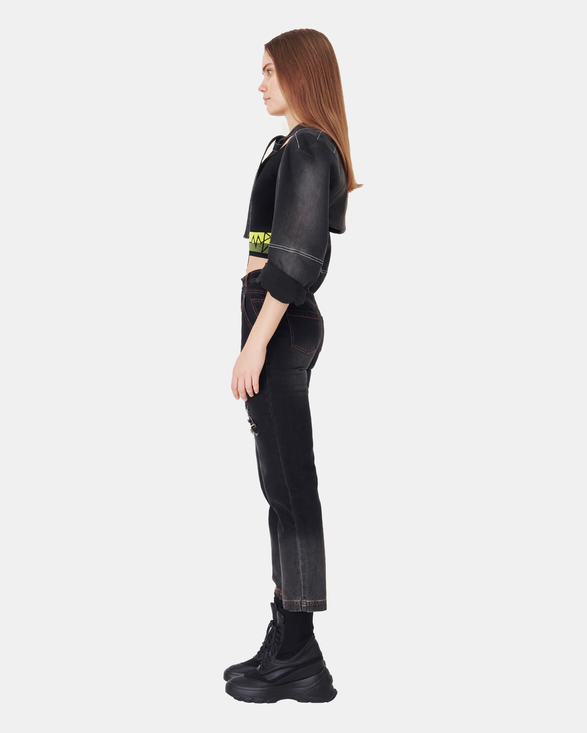 Women's Black Washed Tie-Up Denim Crop Bolero Jacket