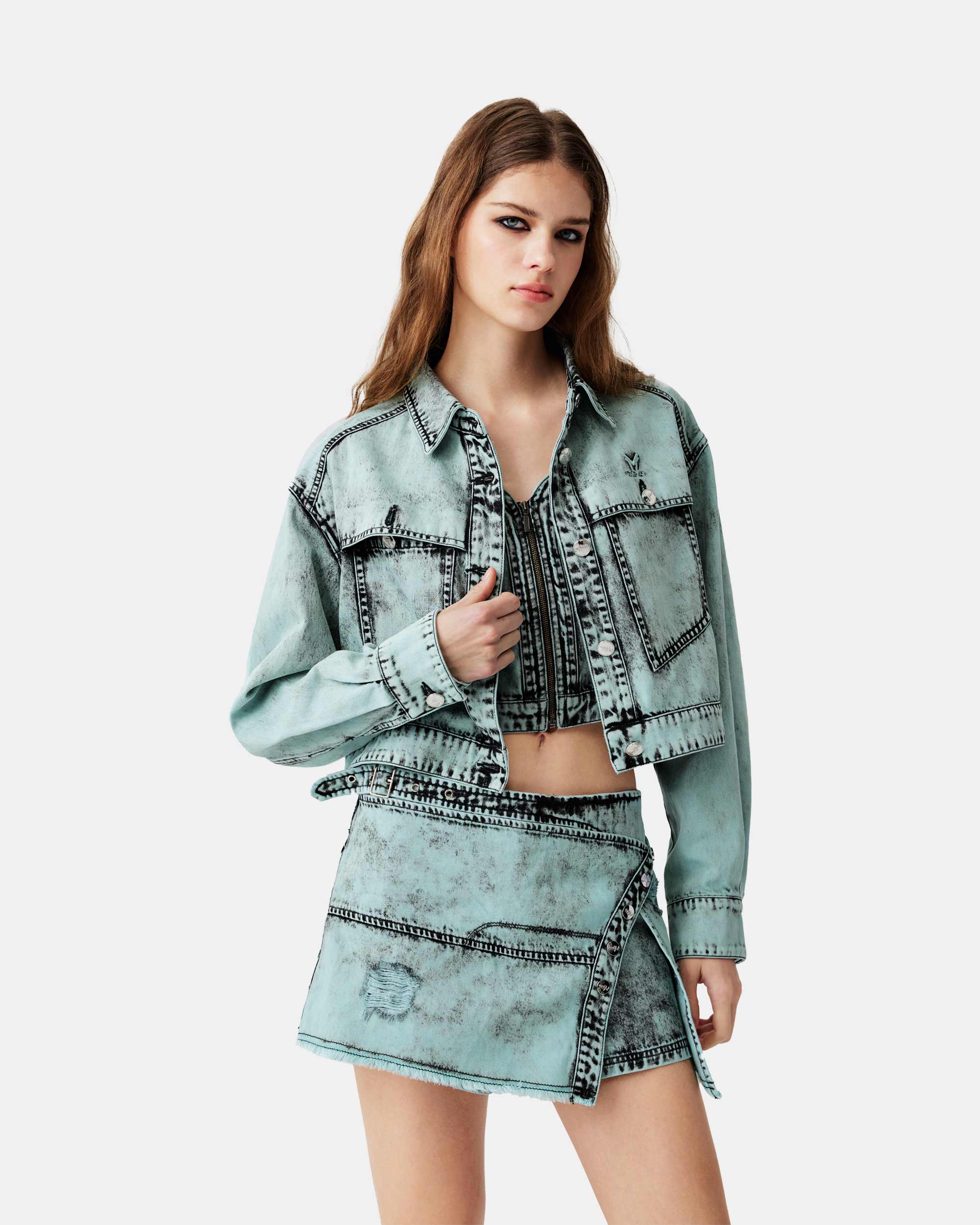 Women's Grey Acid Wash Denim Cropped Jacket