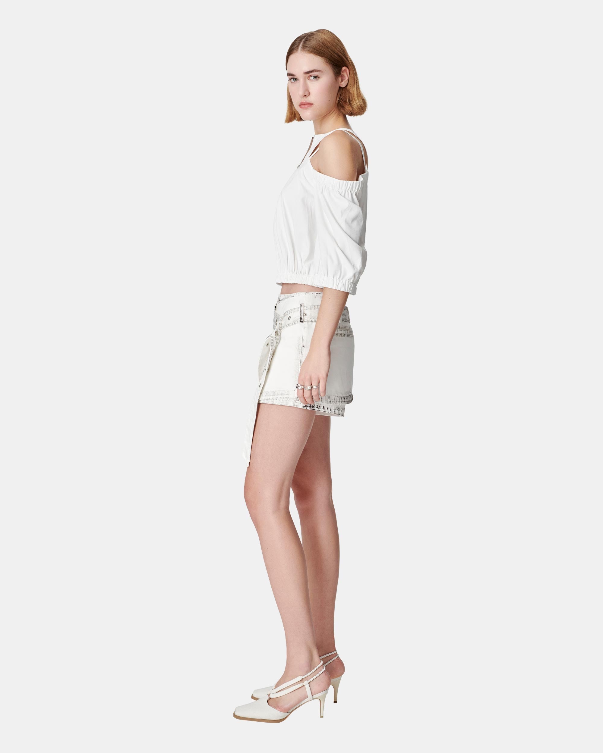 Women's Front Zip Off-The-Shoulder Mid-Sleeve Top