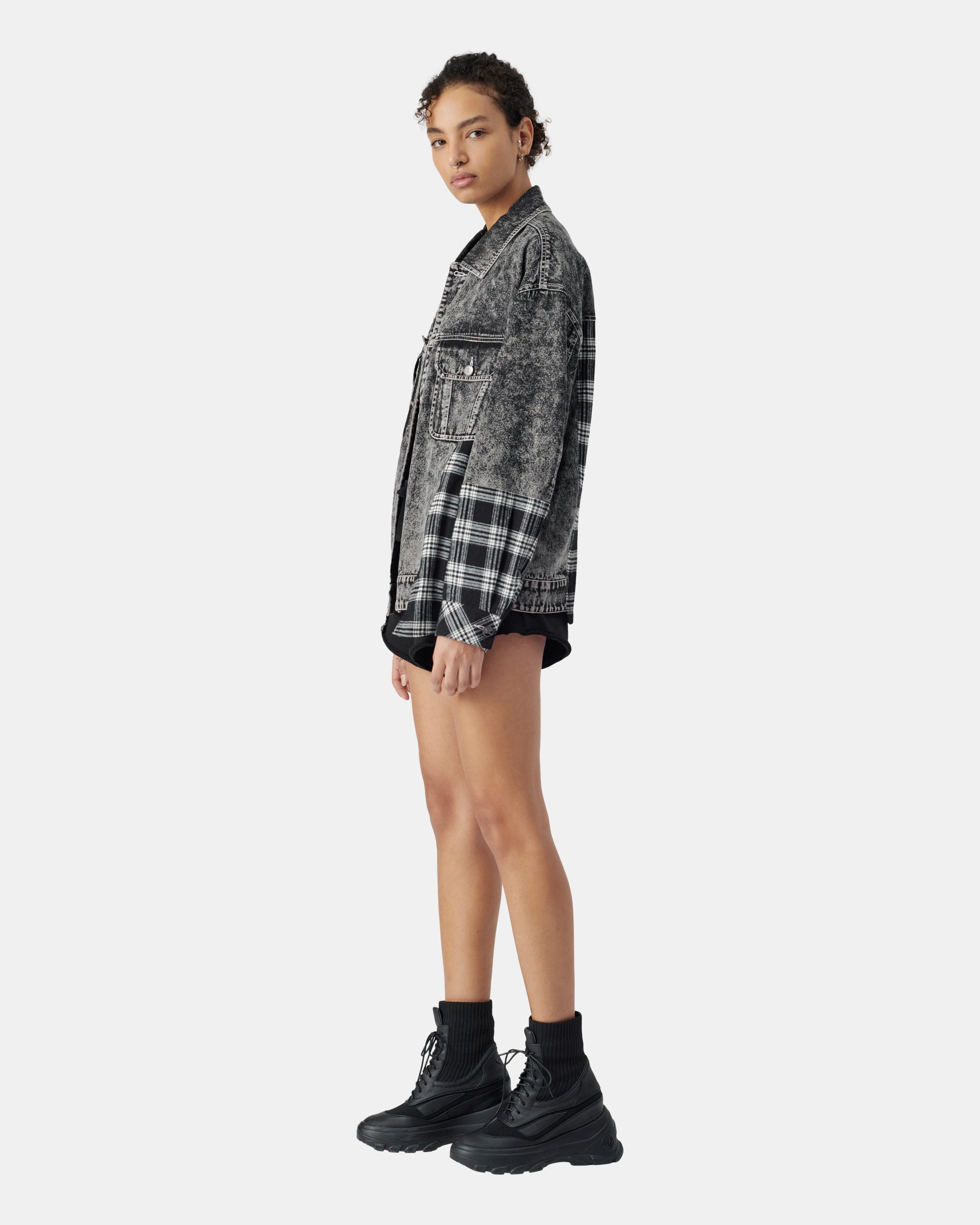 Unisex's Plaid Stitching Denim Jacket