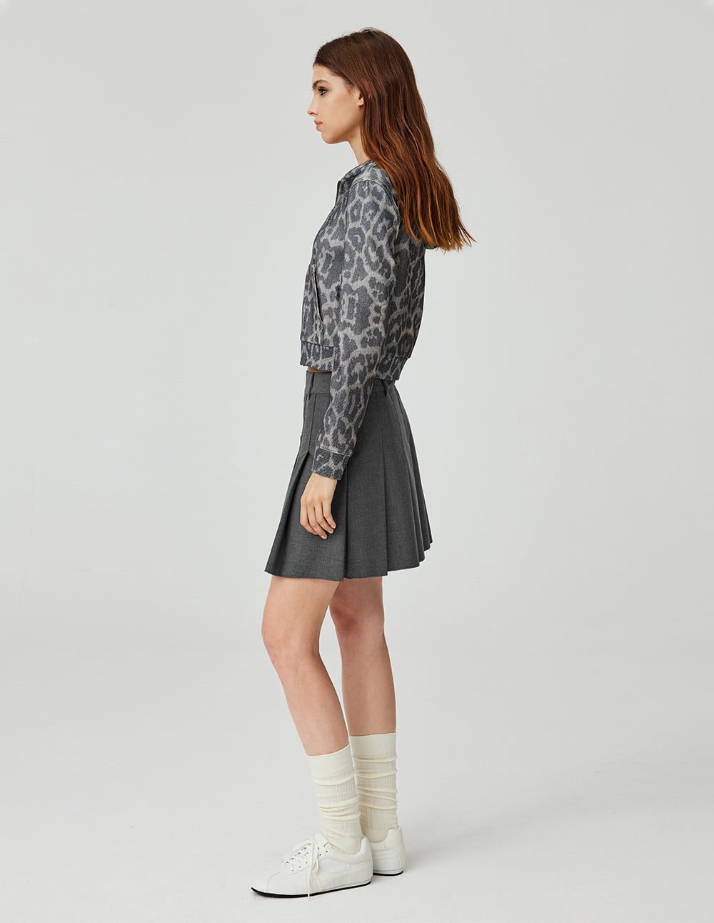 Women's Vintage Grey Leopard Print Hooded Zip-Up Jacket