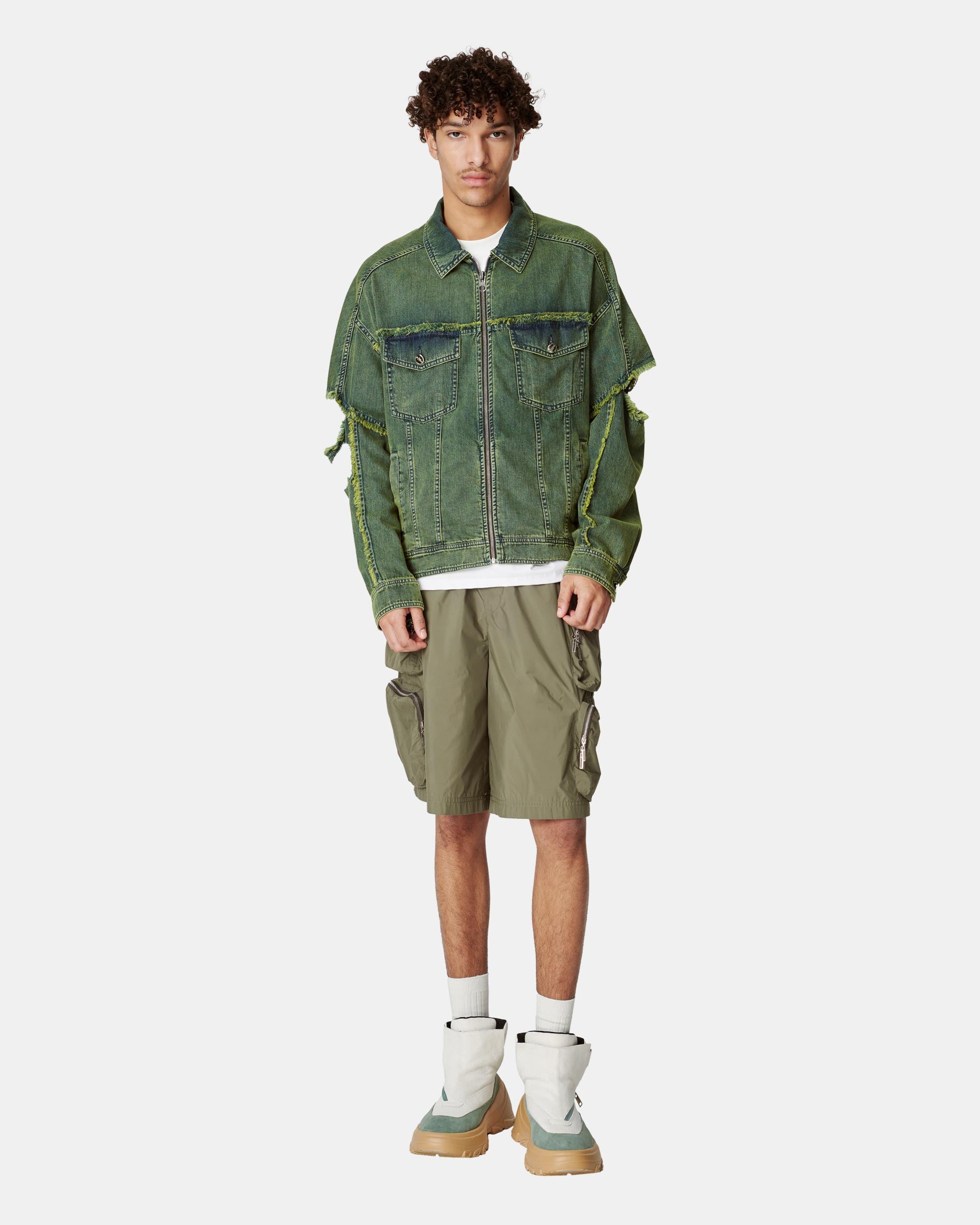 Unisex Style Ripped Sleeve Washed Denim Jacket