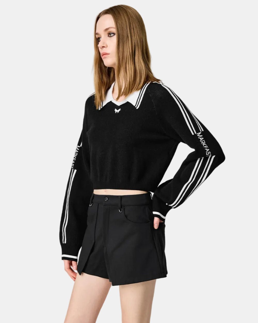 Women's Black Lapel Sports Knit Pullover
