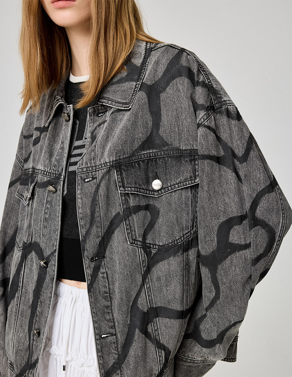 Unisex Abstract Print Washed Grey Denim Jacket