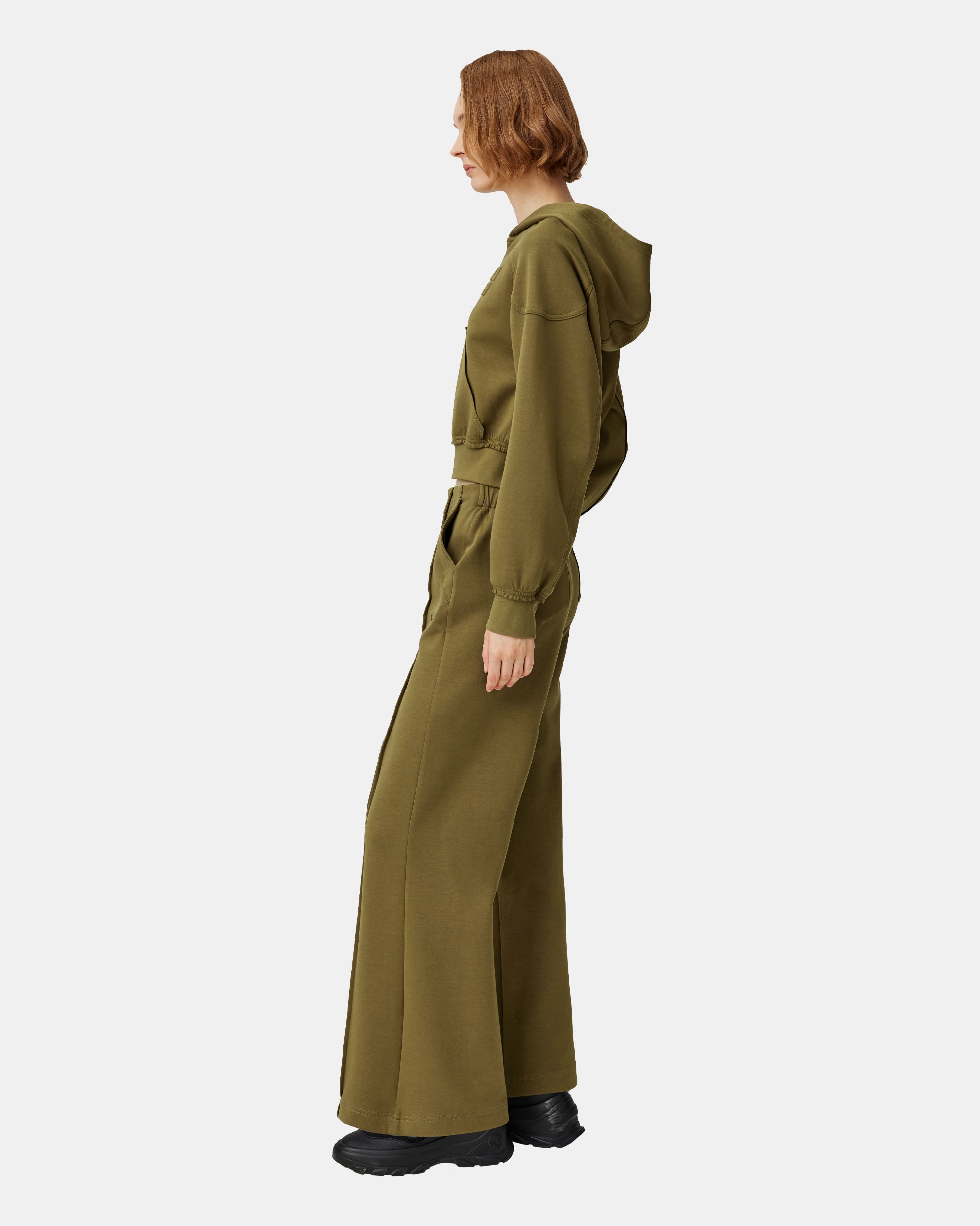 Women's Pleated Ruffled Olive Brown Threaded Sweatshirt