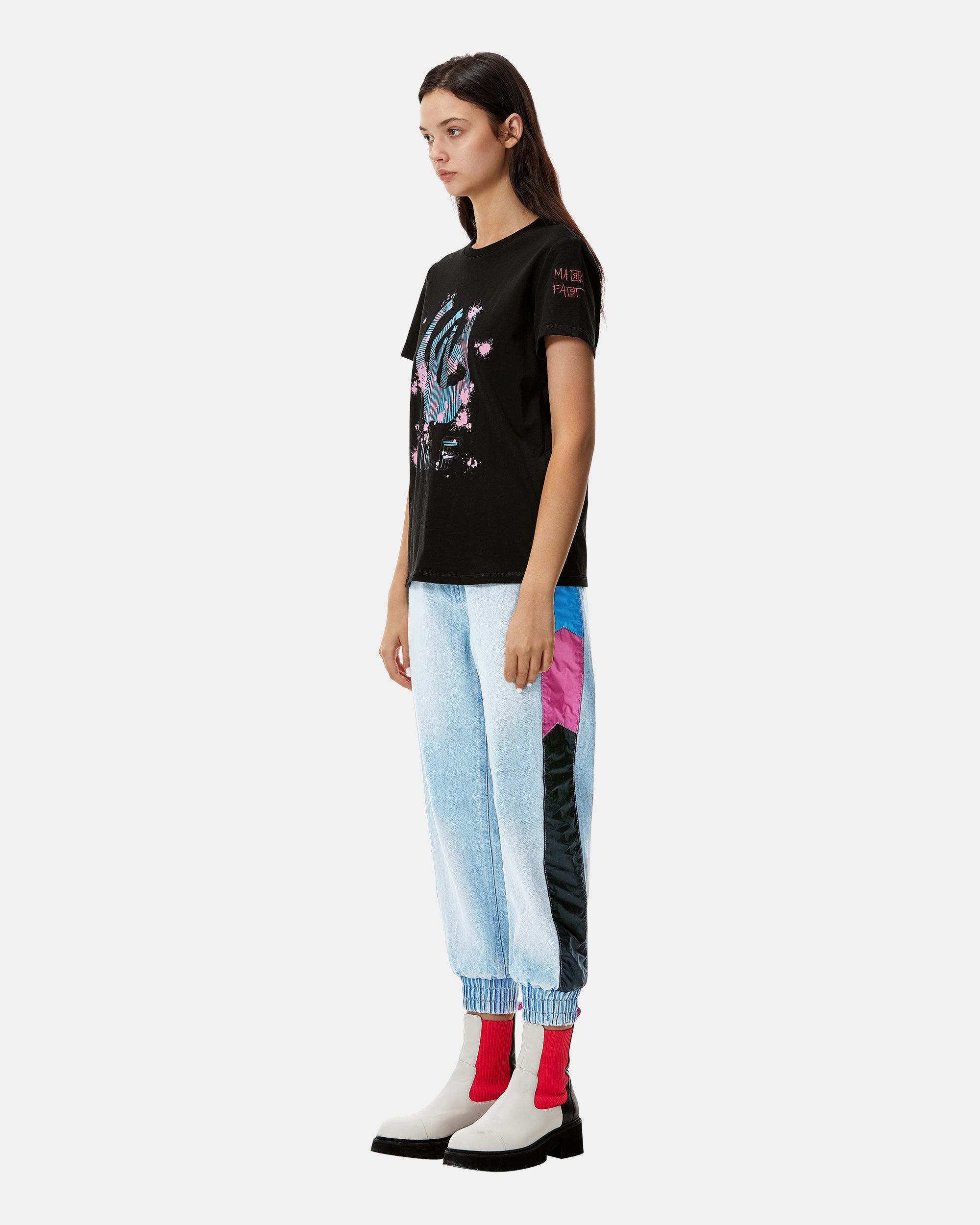 Women Down Fabric Patch Denim Jogger Jeans