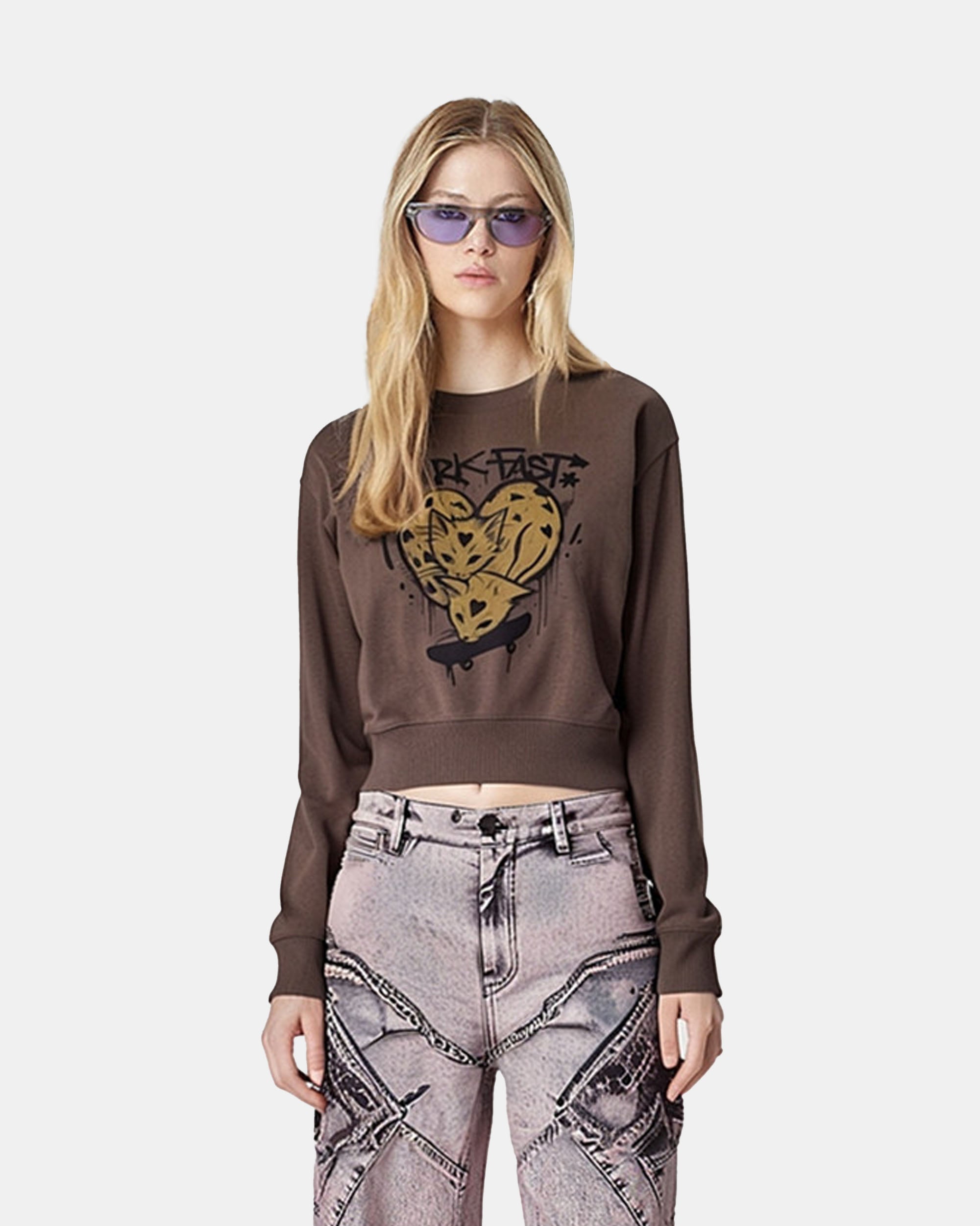 Women's Graffiti Heart Cat Cropped Sweatshirt