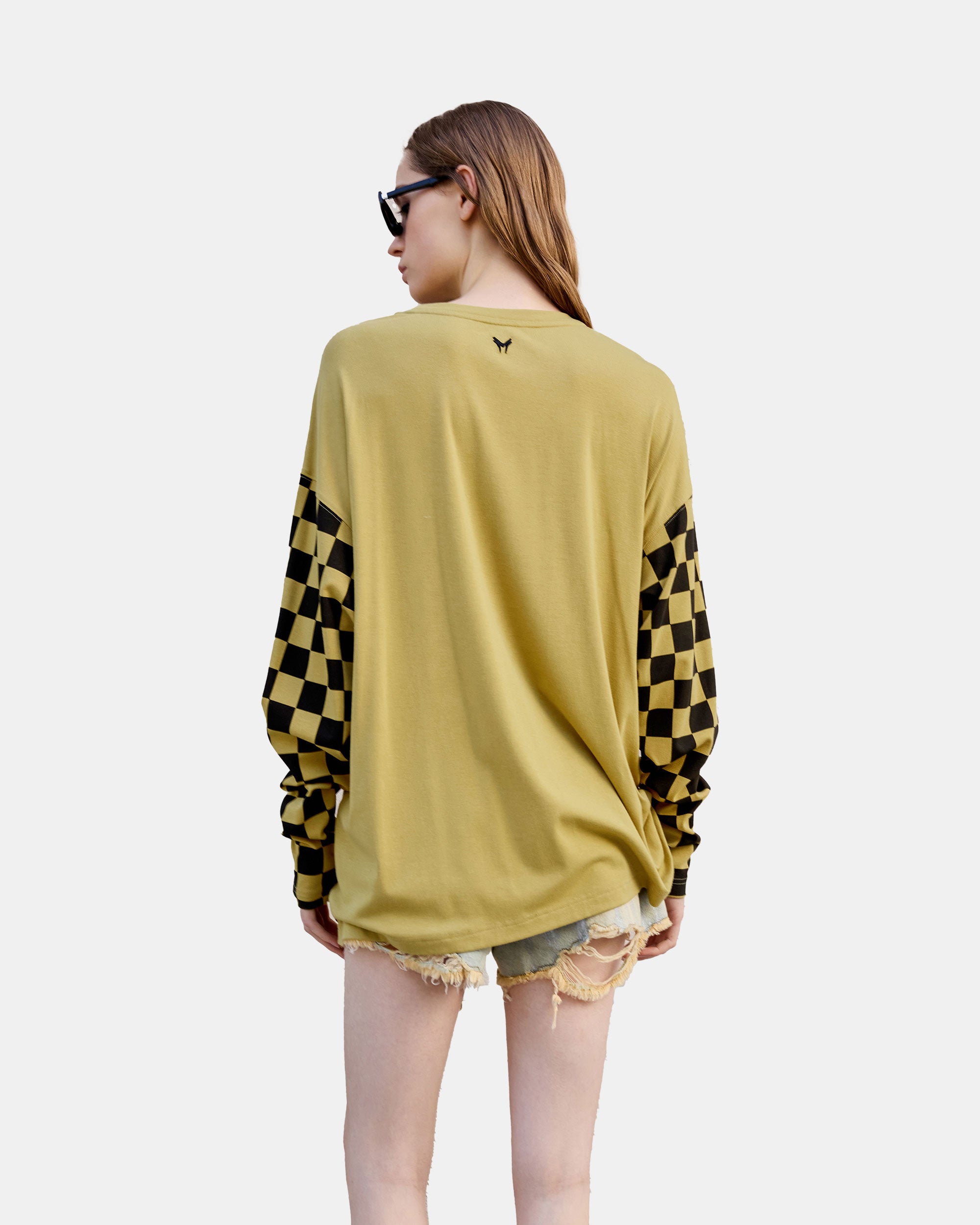 Women's Checkered Panelled Graffiti Print Loose Fit Top