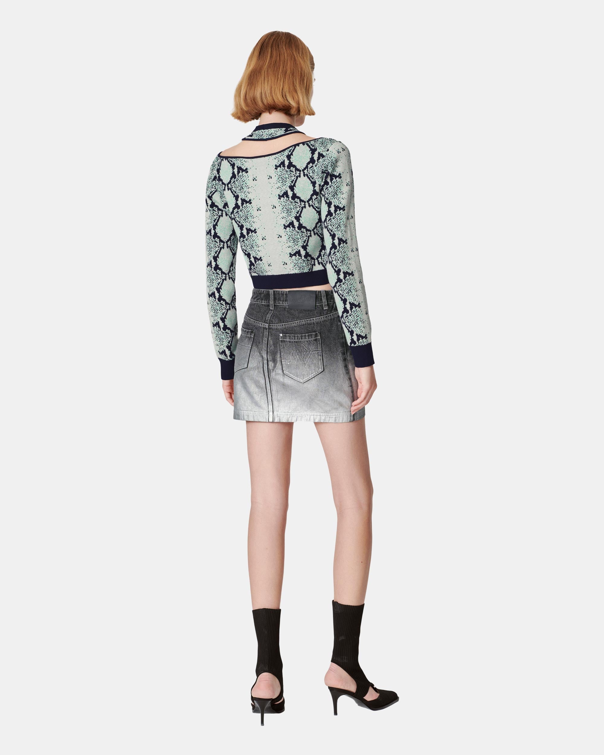 Women's Bright Silver Printed Washed Denim Skirt