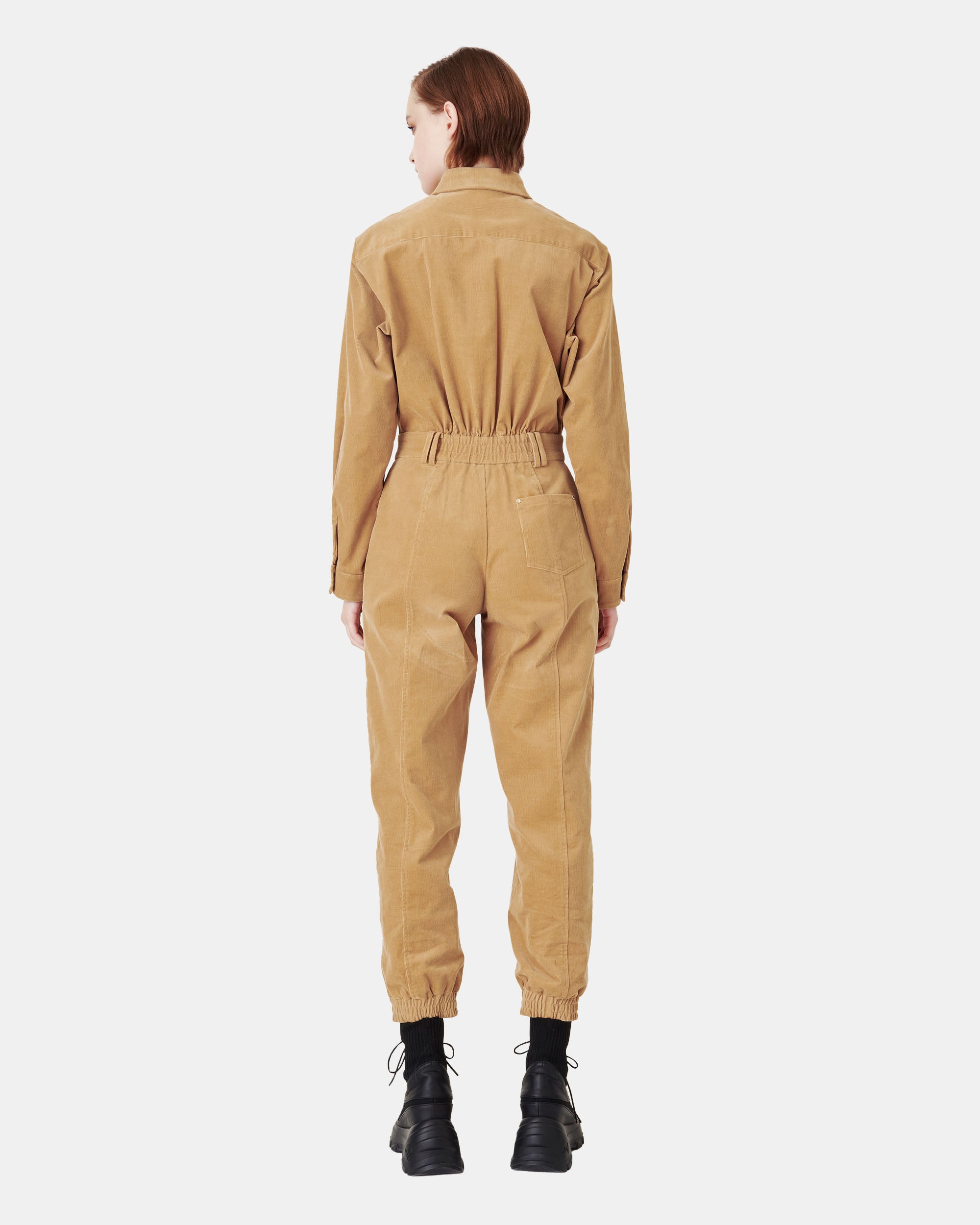 Women's Corduroy Collared Button-Up Elastic Waist Jumpsuit