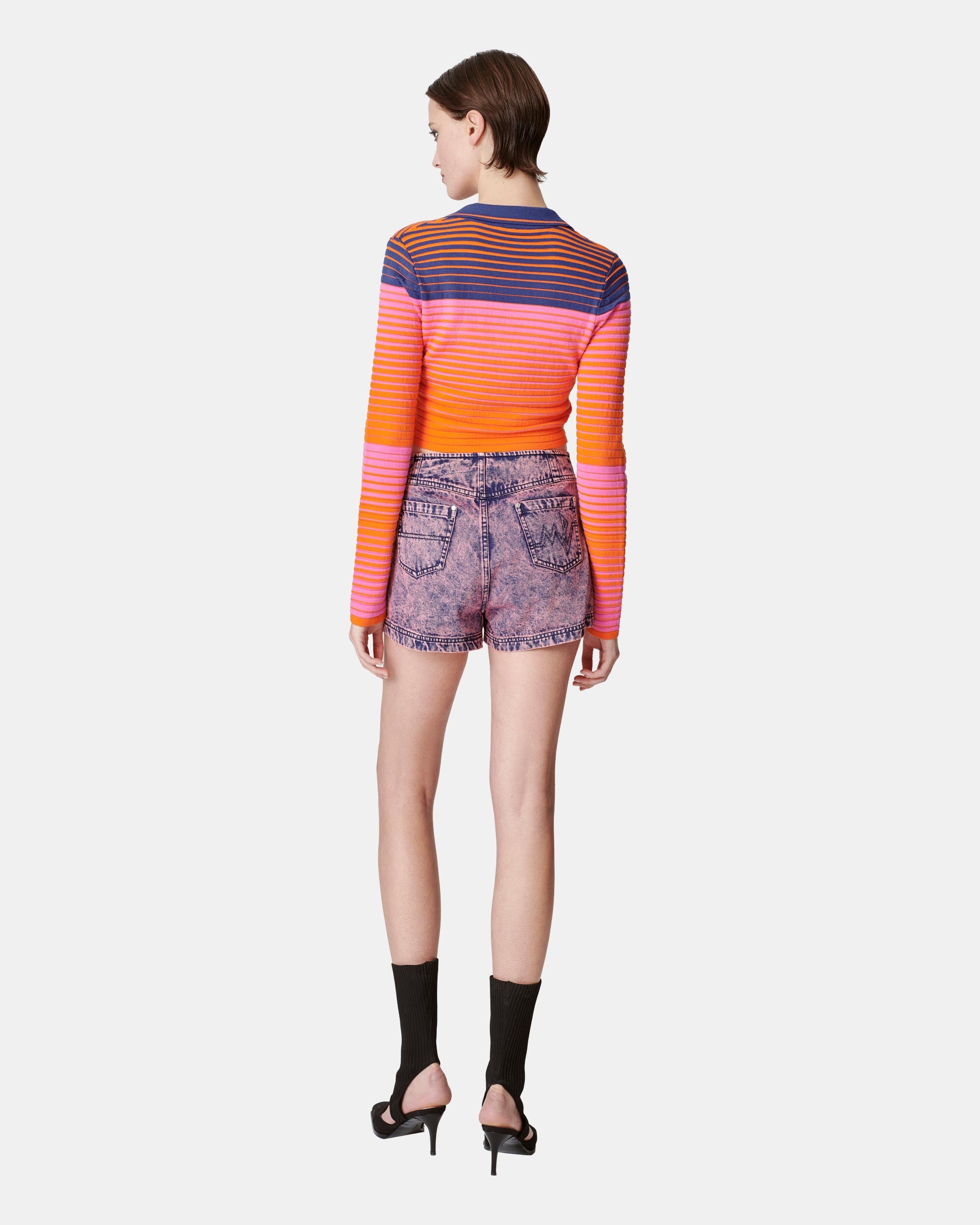 Women's Gradient Striped V-Neck Polo Collar Cropped Sweater