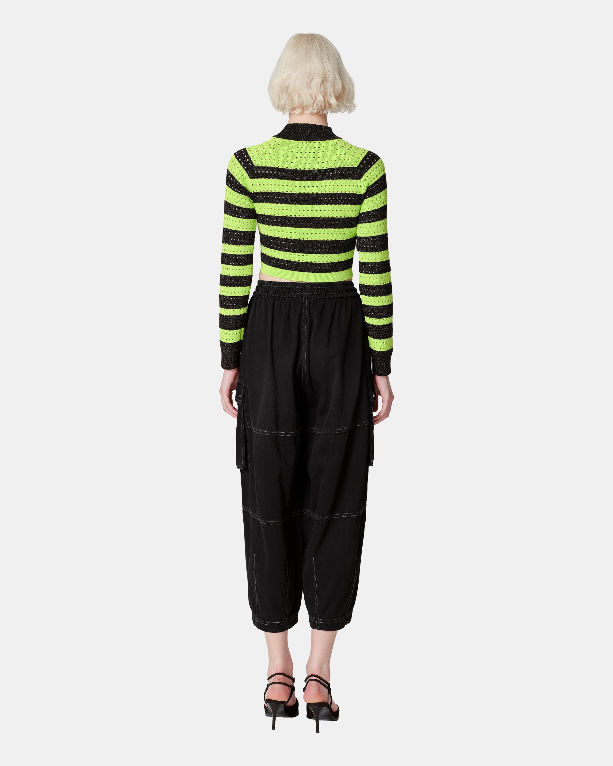Women's Fluorescent Green Contrast Striped Sweater