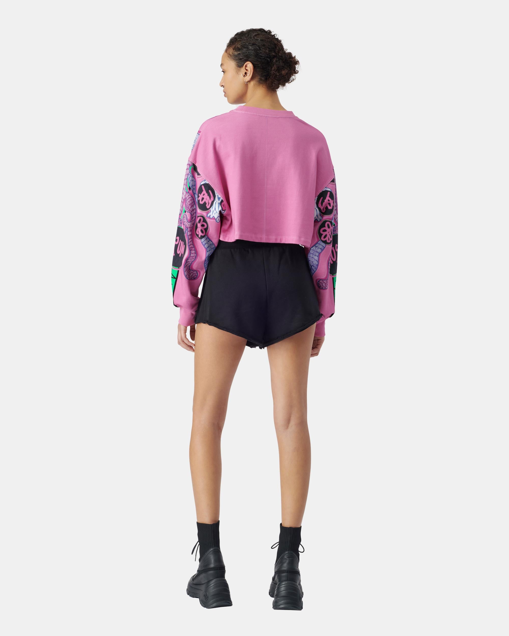 Women's Grey Contrast Print Crop Hoodie Sweatshirt