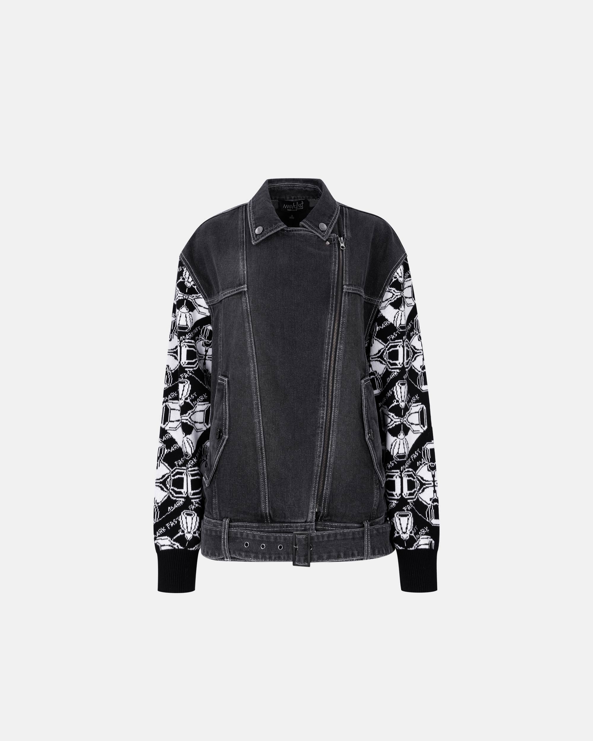 Women's Mixed Media Denim Biker Jacket with Jacquard Knit Sleeves