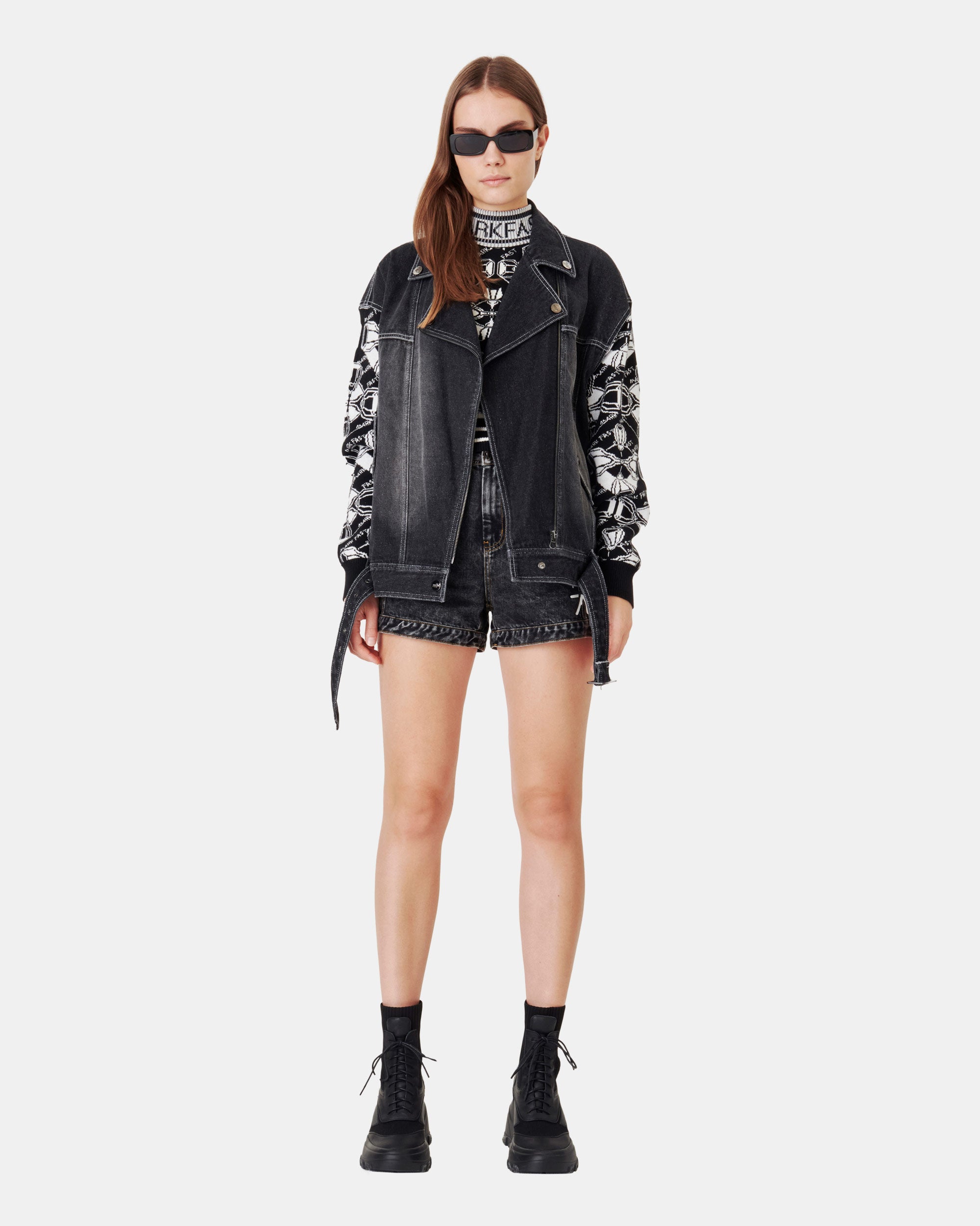 Women's Mixed Media Denim Biker Jacket with Jacquard Knit Sleeves