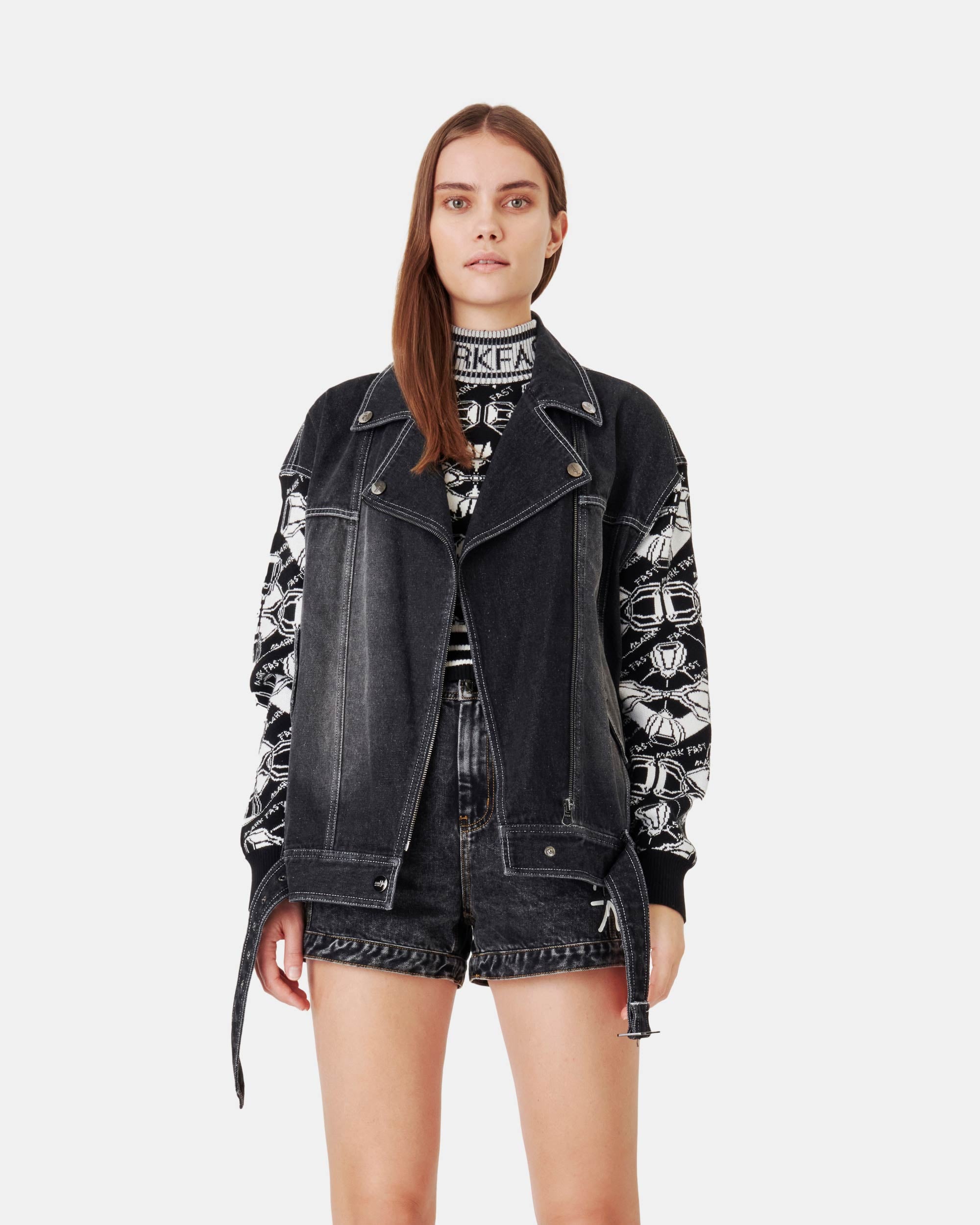 Women's Mixed Media Denim Biker Jacket with Jacquard Knit Sleeves