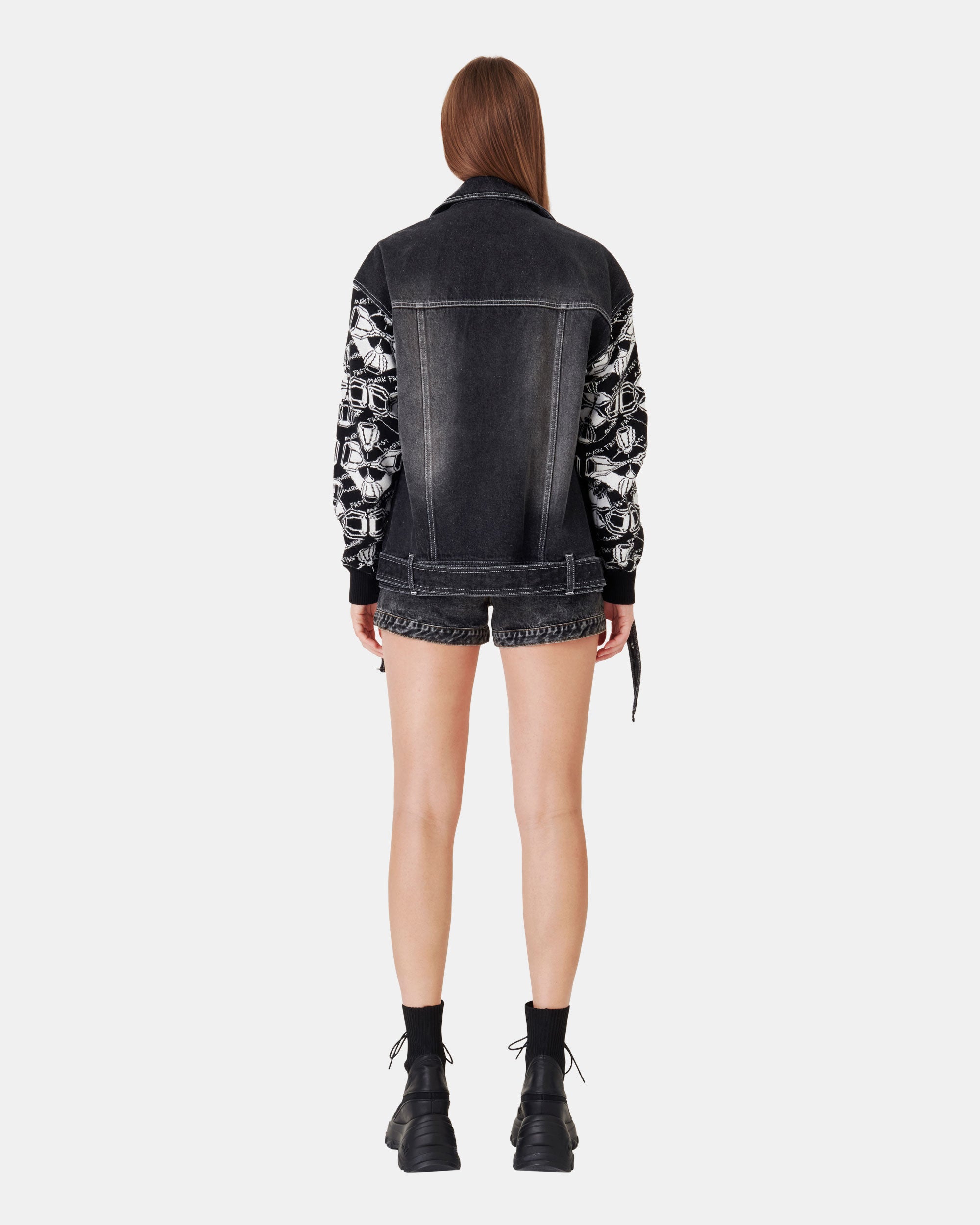 Women's Mixed Media Denim Biker Jacket with Jacquard Knit Sleeves