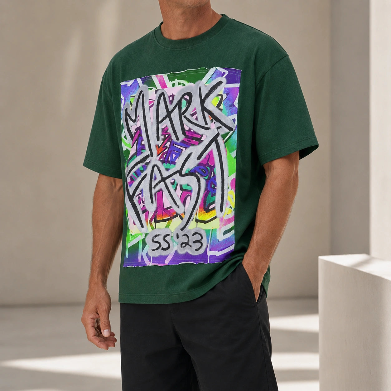 MarkFast style dark green printed loose short-sleeved T-shirts