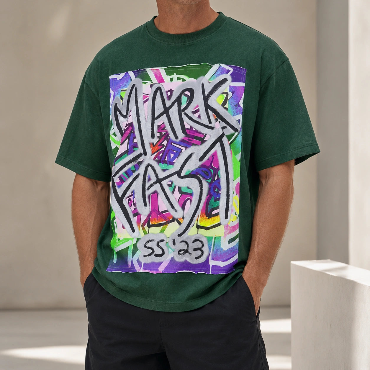 MarkFast style dark green printed loose short-sleeved T-shirts