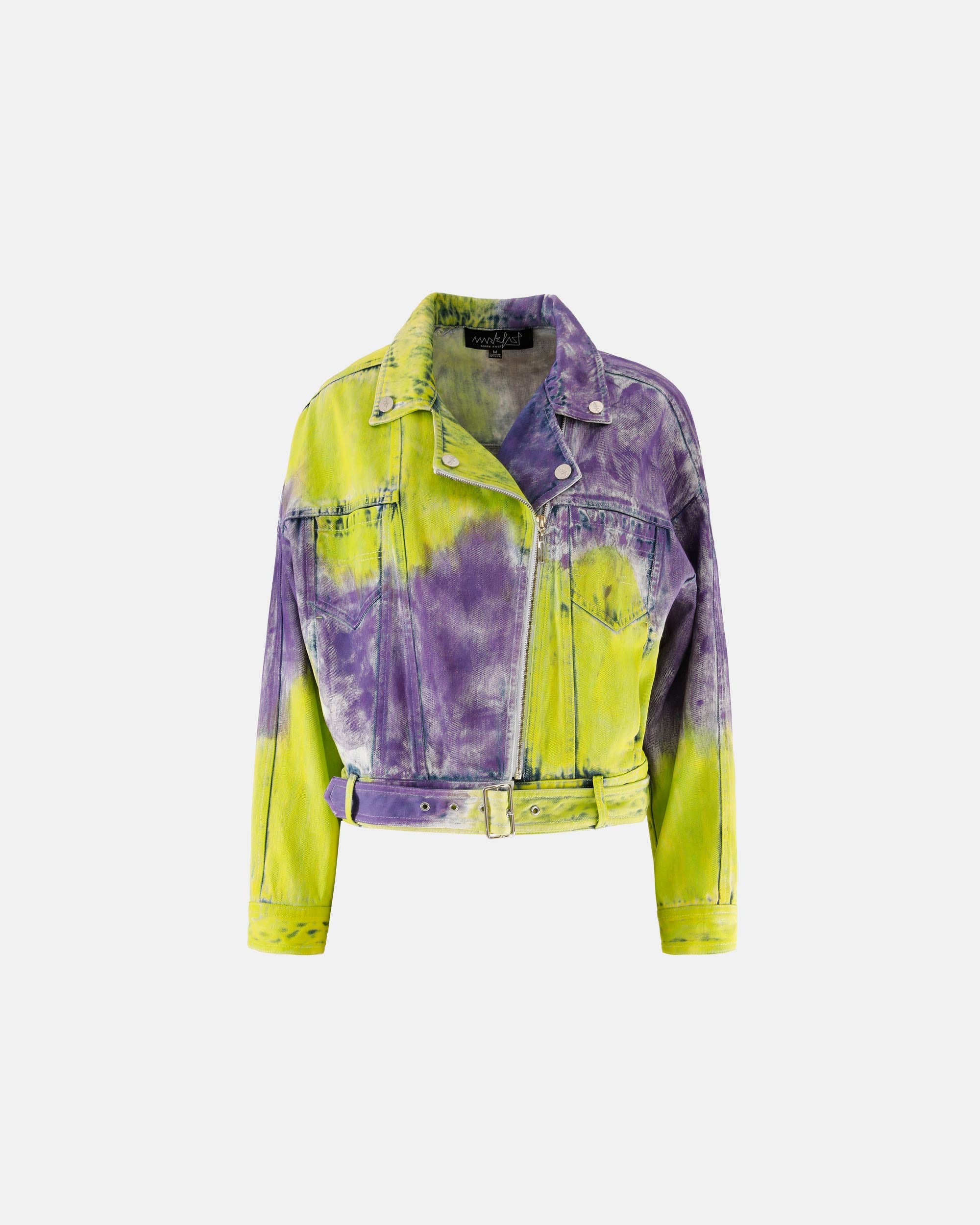 Women's Cyberpunk Neon Tie Dye Asymmetrical Zip Denim Jacket